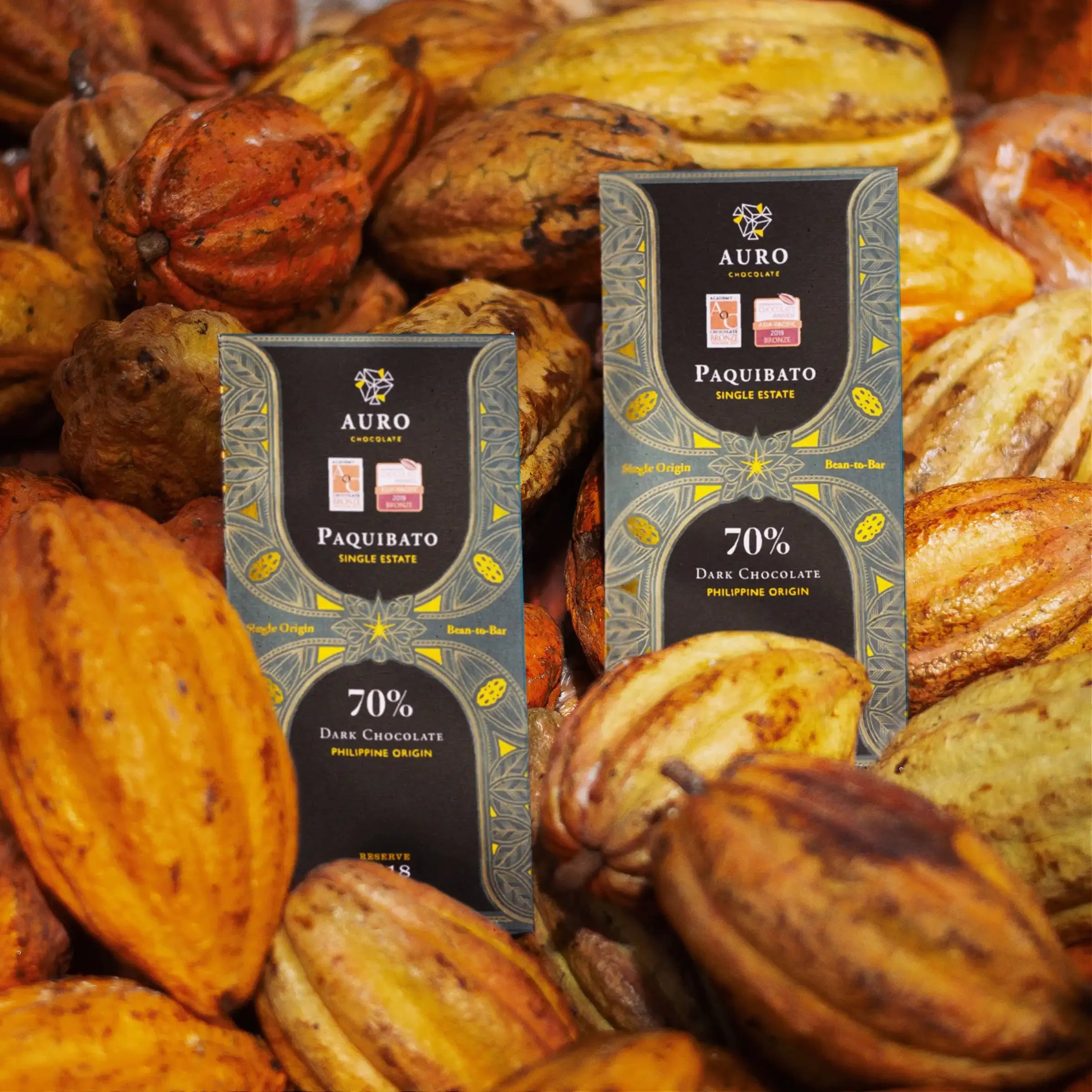 Auro Reserve Paquibato 70% dark chocolate bars with cocoa pods
