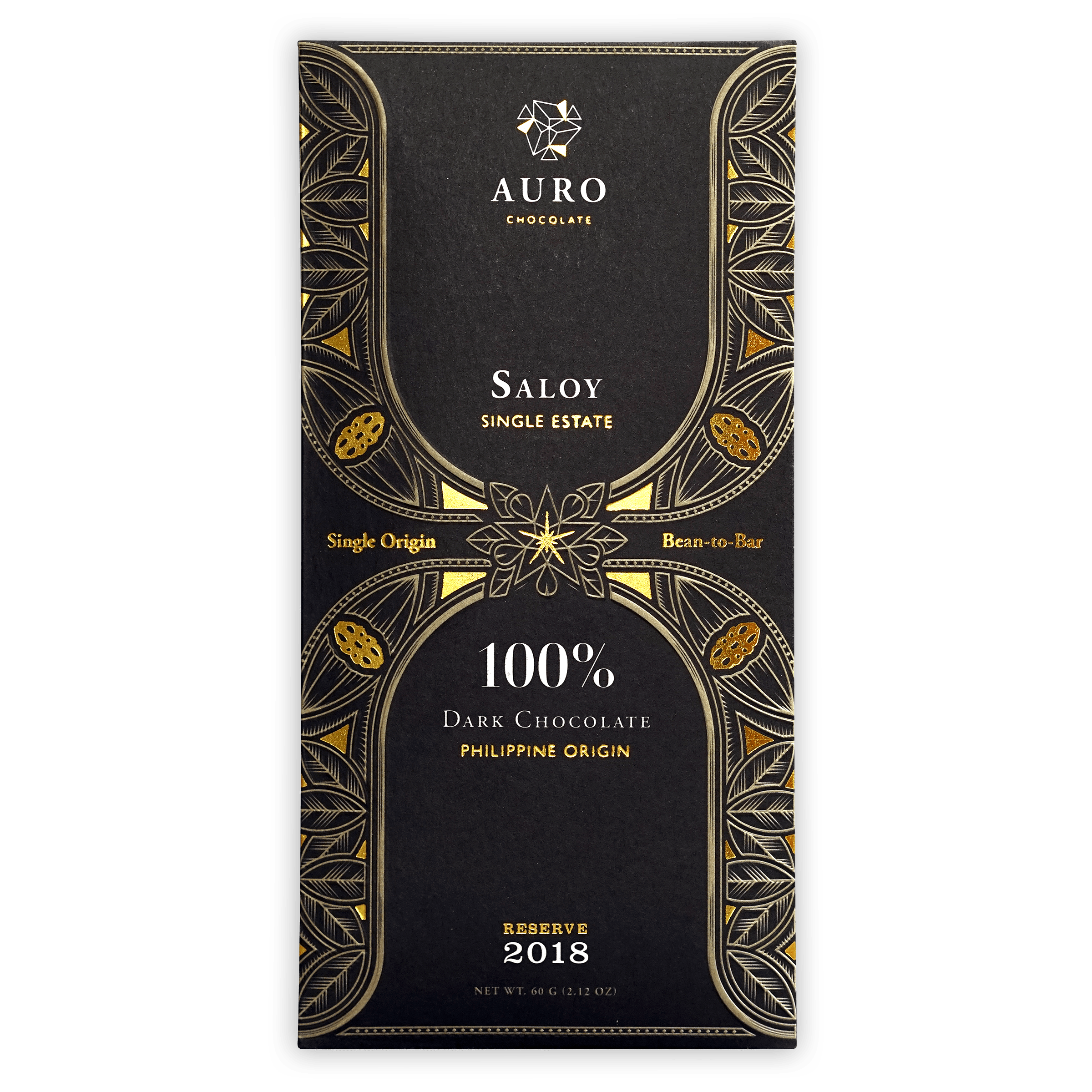Auro Reserve Saloy 100% dark chocolate bar in black gold foil with leaf patterns