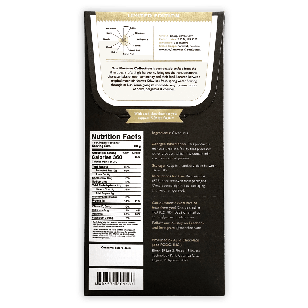 Auro Reserve Saloy 100% black chocolate bar wrapper with gold accents
