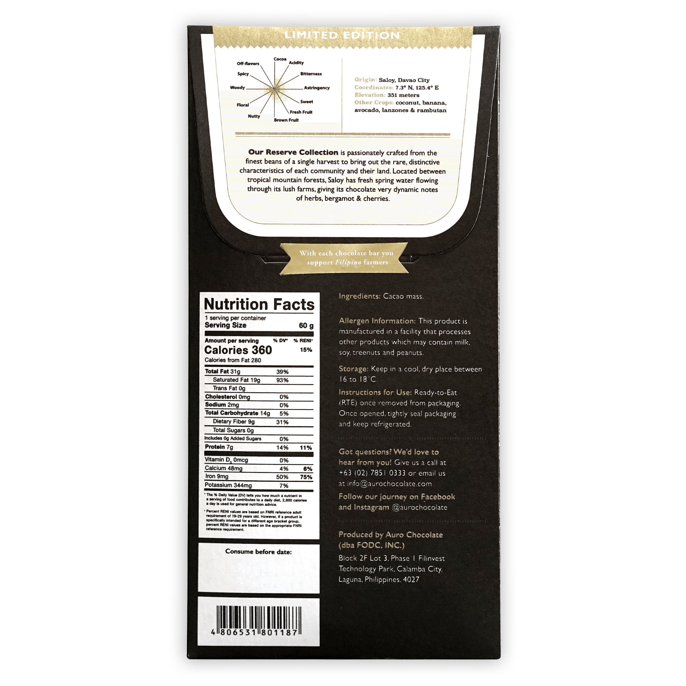 Auro Reserve Saloy 100% black chocolate bar wrapper with gold accents