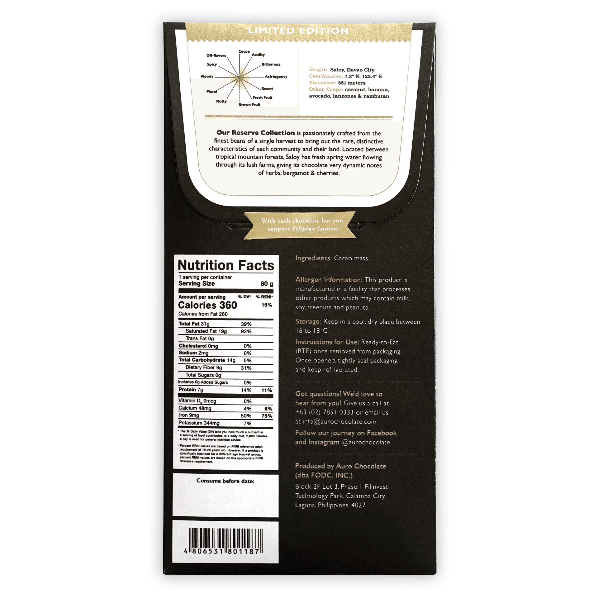 Auro Reserve Saloy 100% black chocolate bar wrapper with gold accents