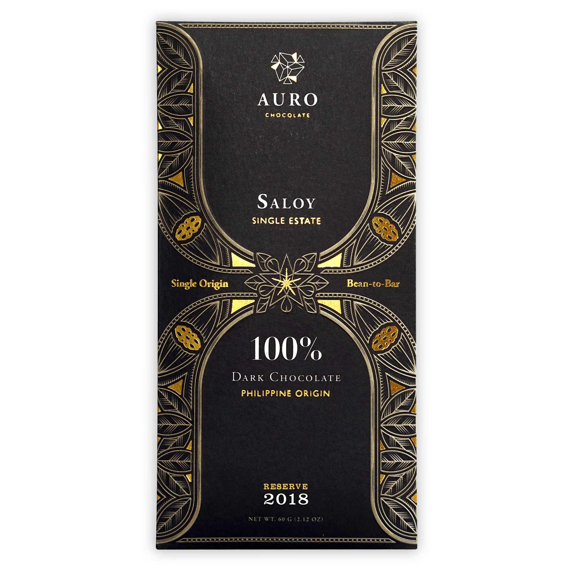 Auro Reserve Saloy 100% dark chocolate bar in black gold foil with leaf patterns