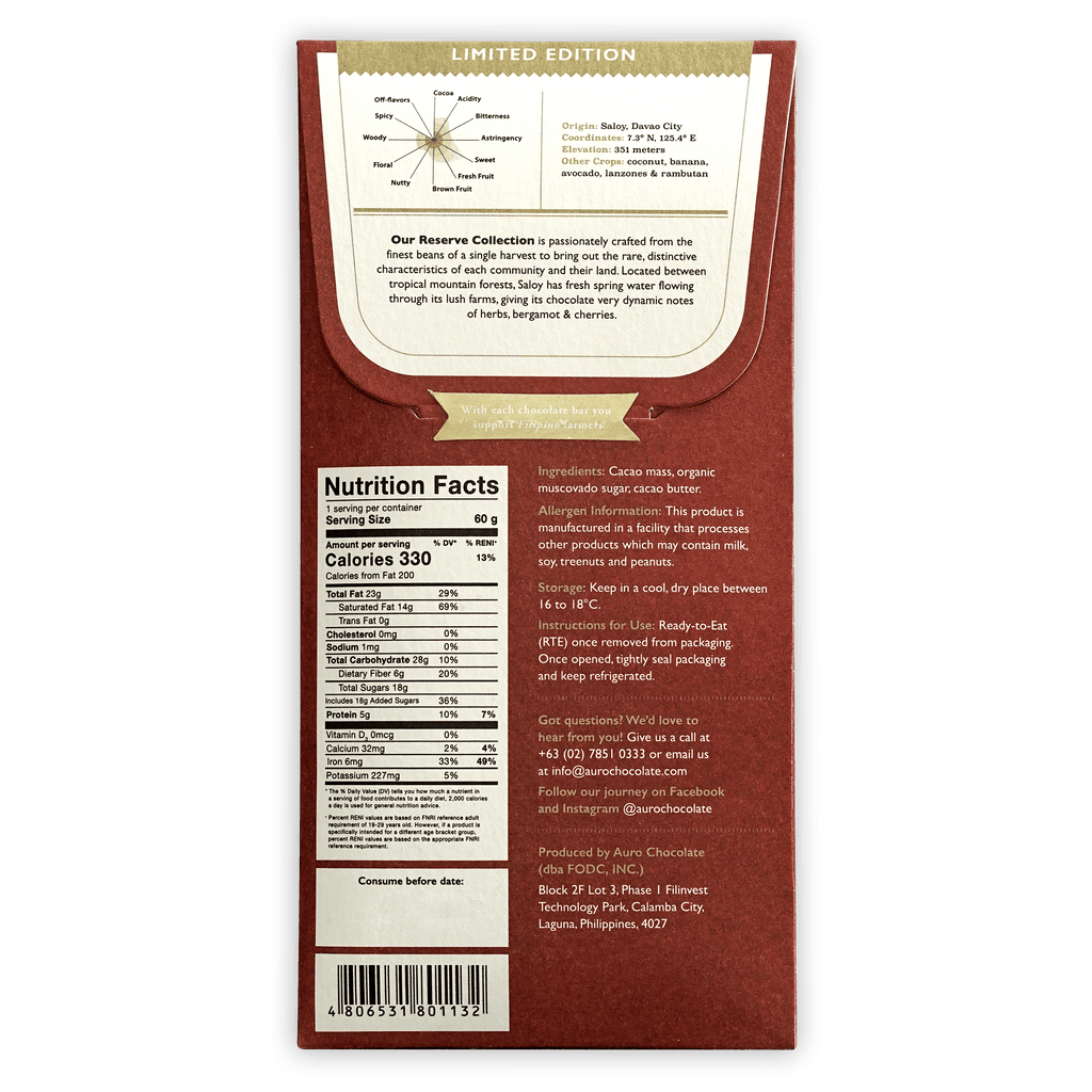 Auro Reserve Saloy 70% limited edition red cardboard chocolate bar packaging
