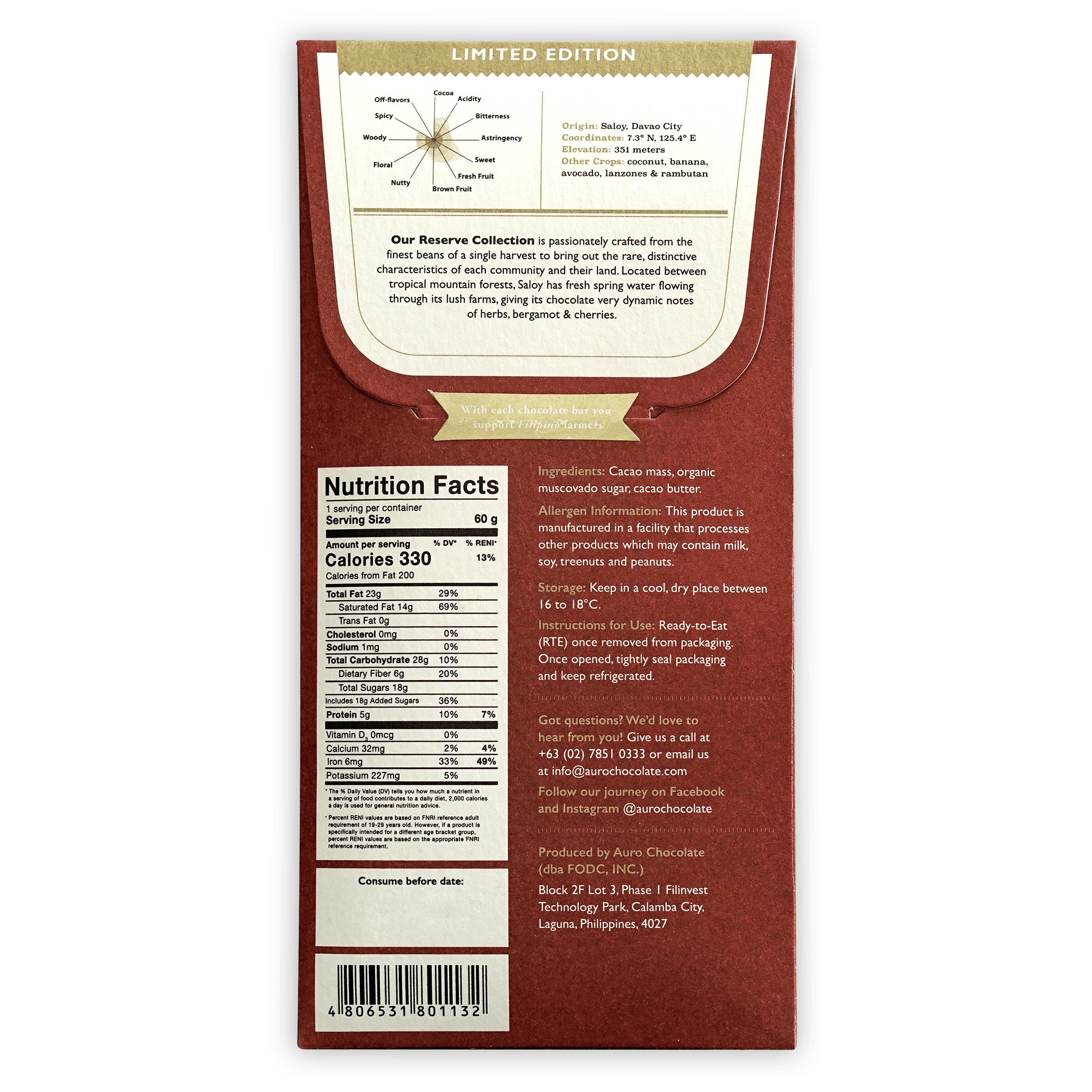 Auro Reserve Saloy 70% limited edition red cardboard chocolate bar packaging