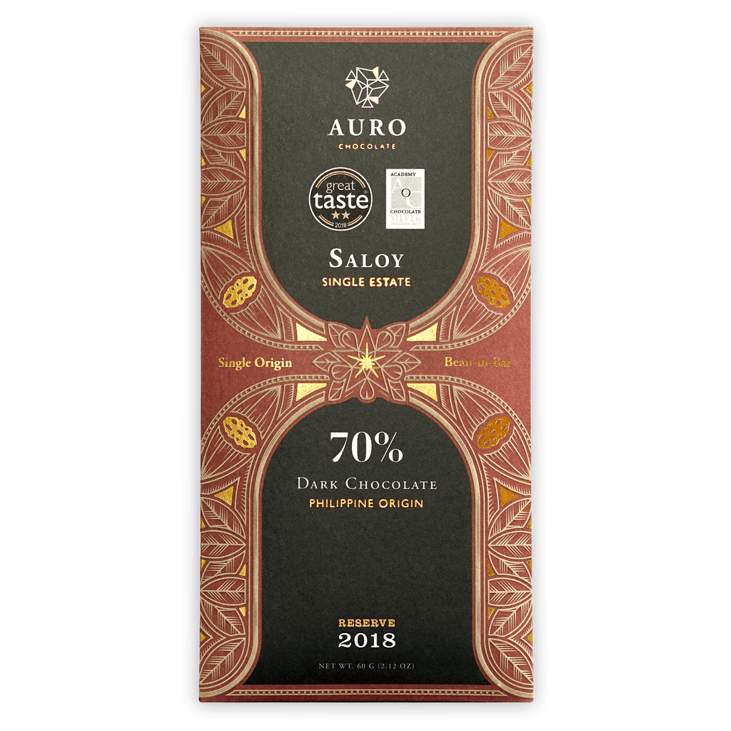 Auro Reserve Saloy 70% dark chocolate bar with ornate red gold leaf wrapper