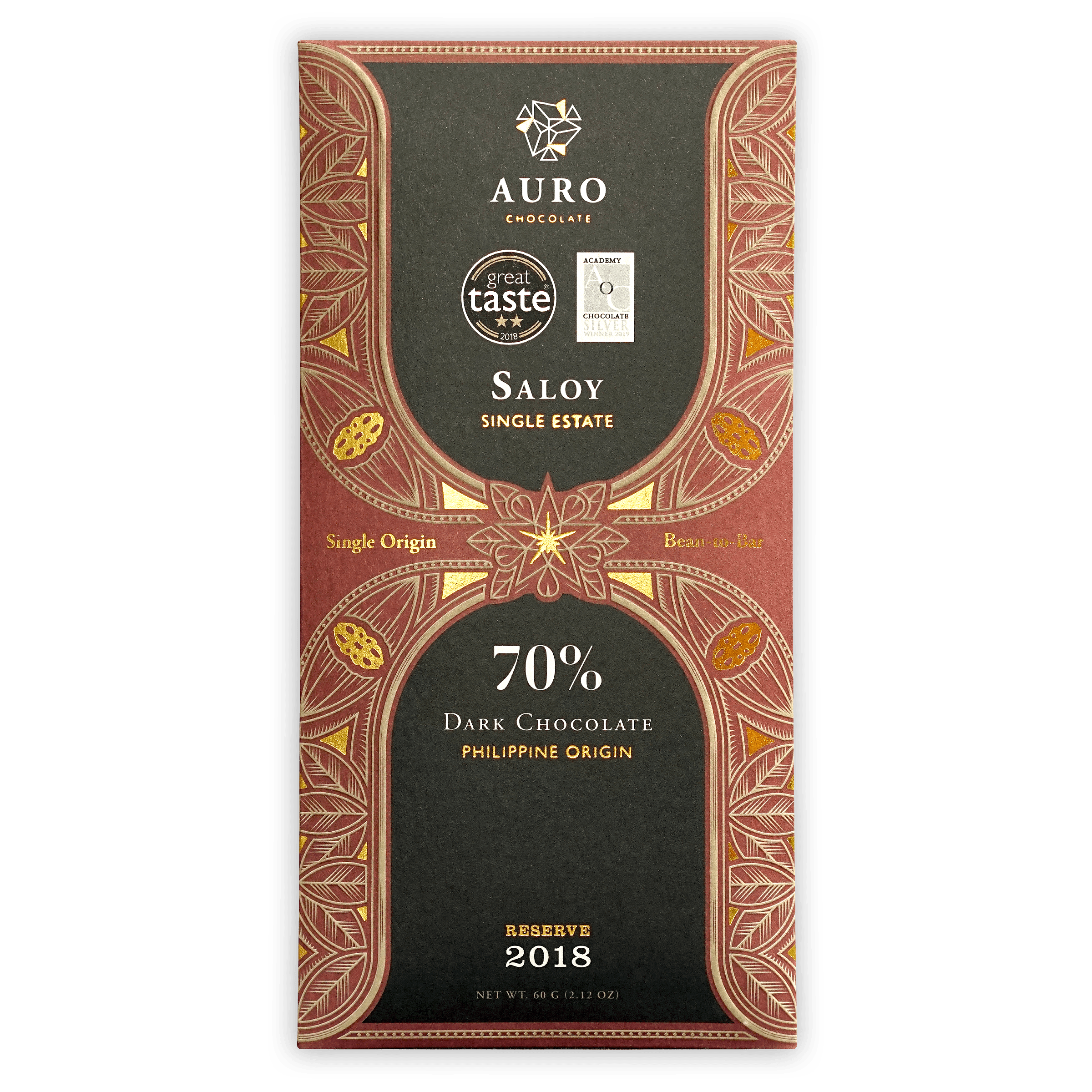Auro Reserve Saloy 70% dark chocolate bar with ornate red gold leaf wrapper