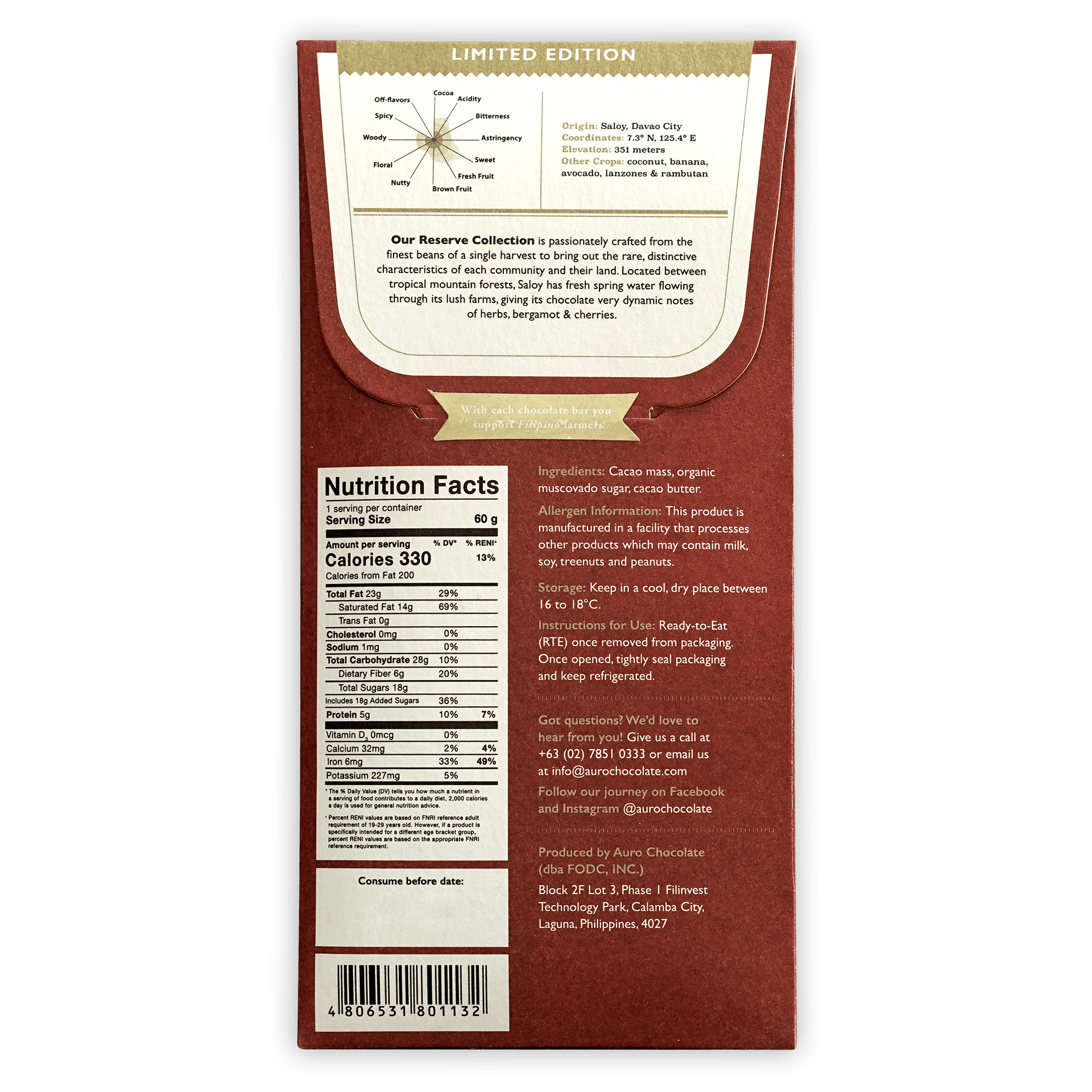 Auro Reserve Saloy 70% limited edition red cardboard chocolate bar packaging