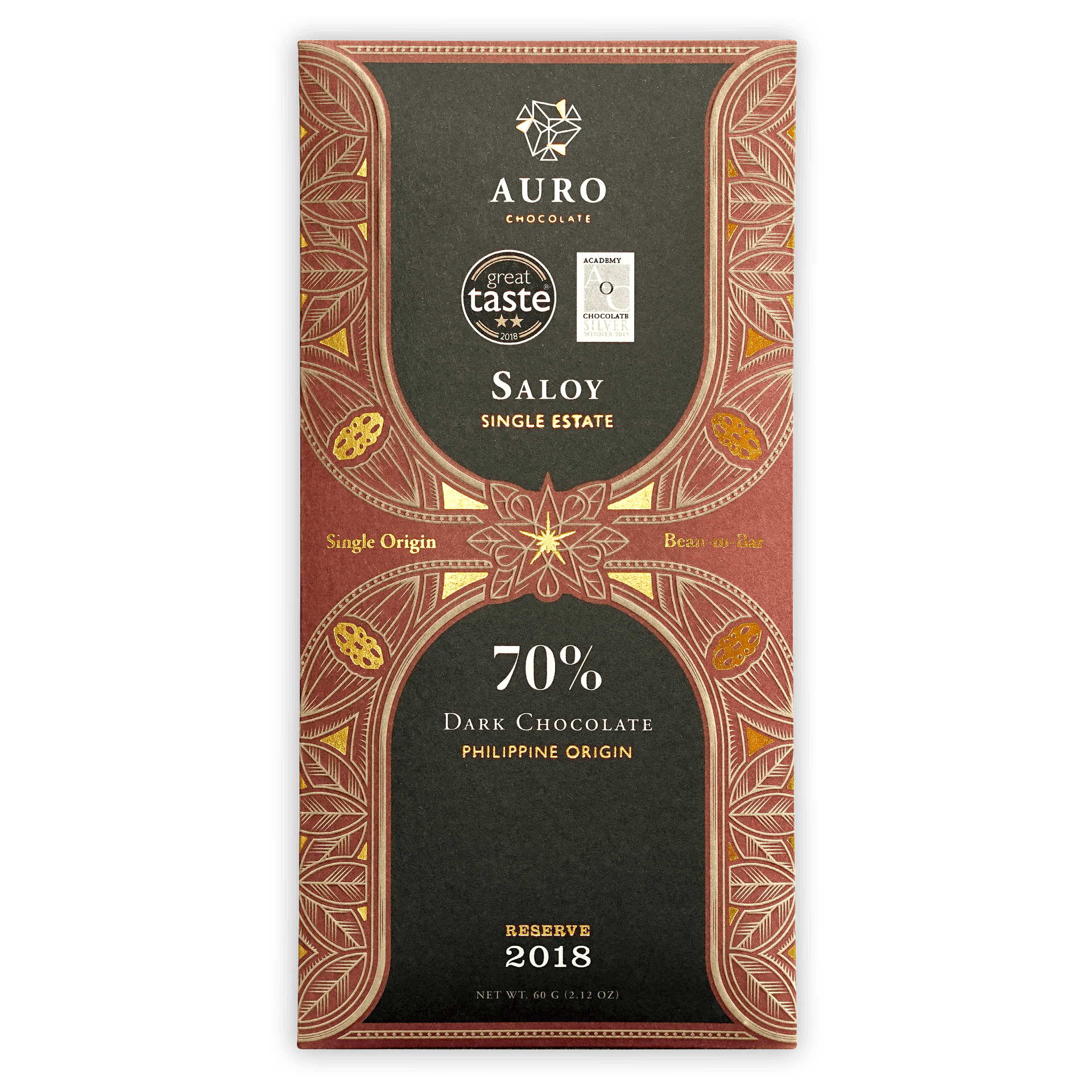 Auro Reserve Saloy 70% dark chocolate bar with ornate red gold leaf wrapper