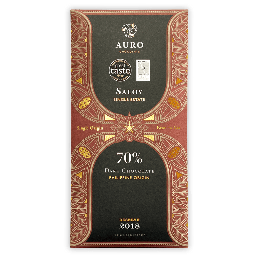 Auro Reserve Saloy 70% dark chocolate bar with ornate red gold leaf wrapper