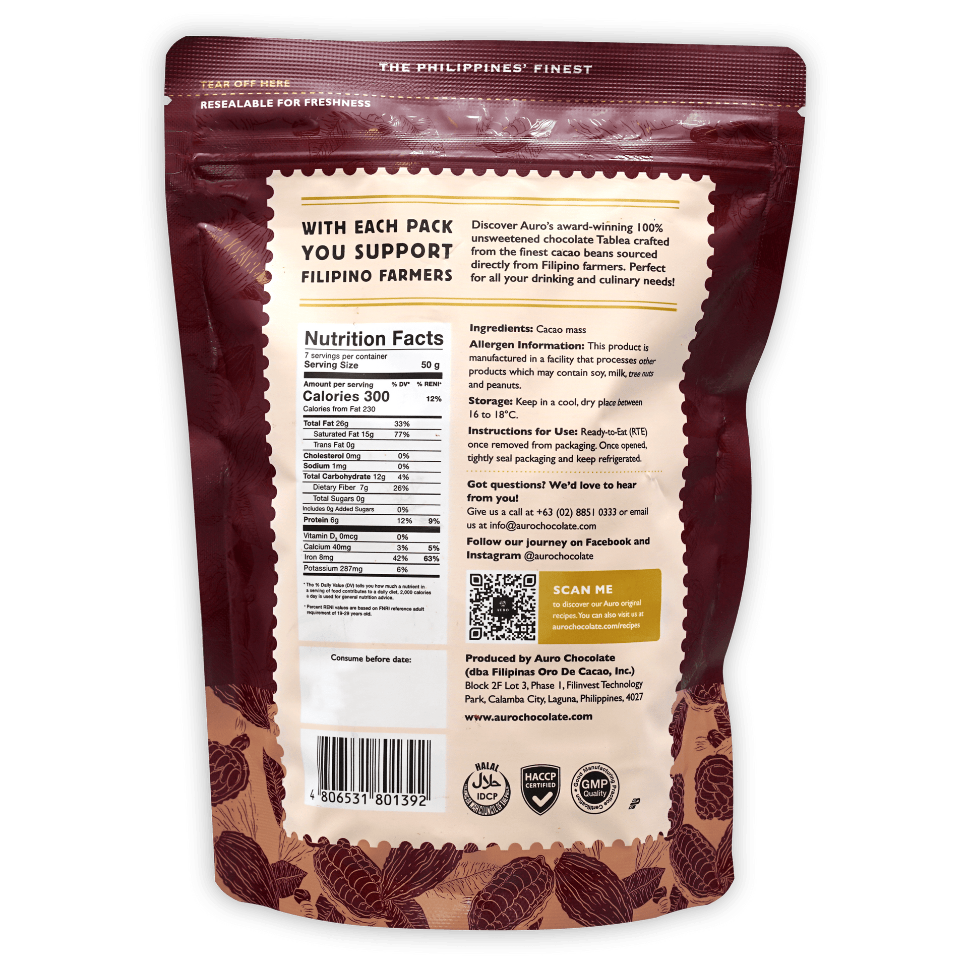 Auro Unsweetened Dark Chocolate Coins 100% in maroon resealable pouch