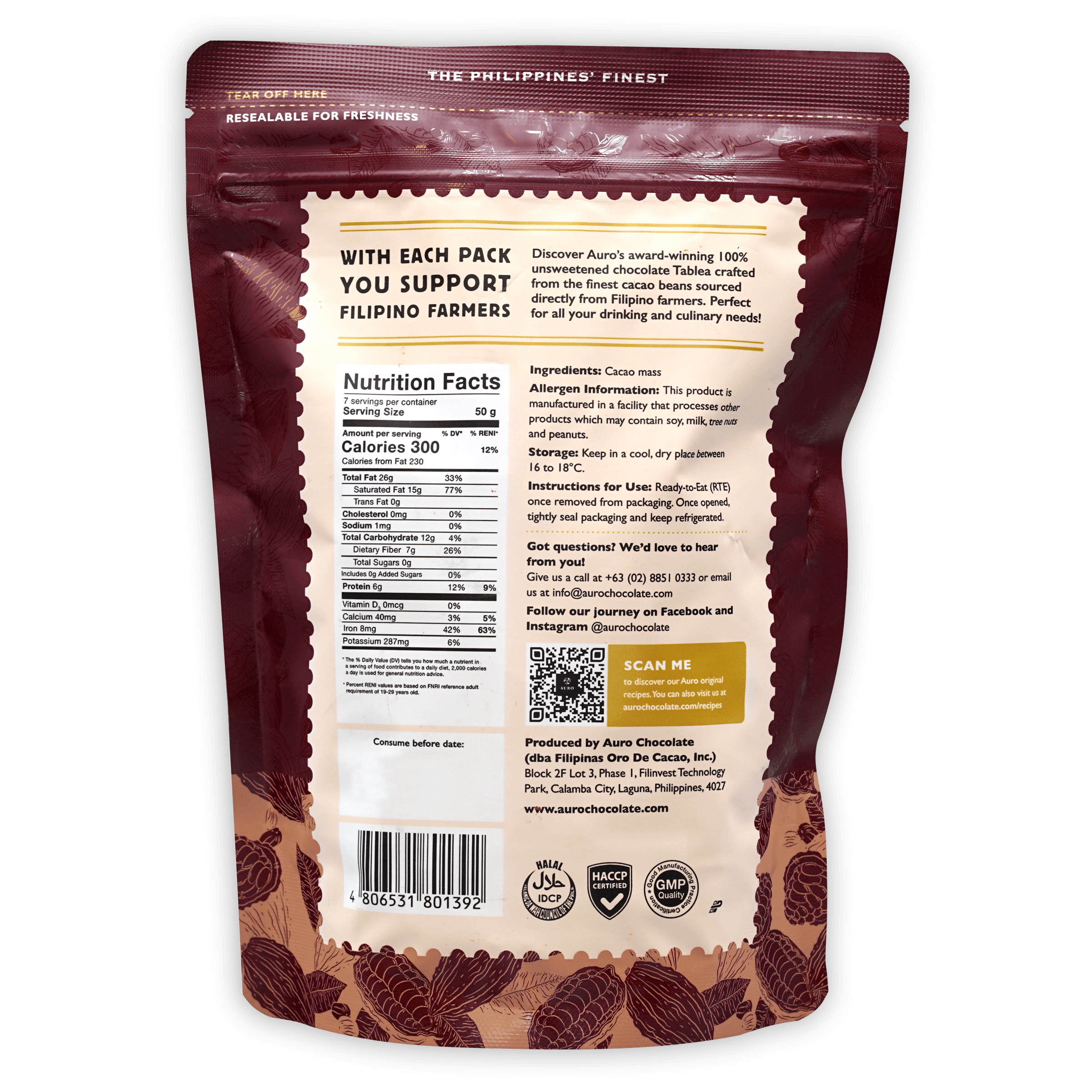 Auro Unsweetened Dark Chocolate Coins 100% in maroon resealable pouch