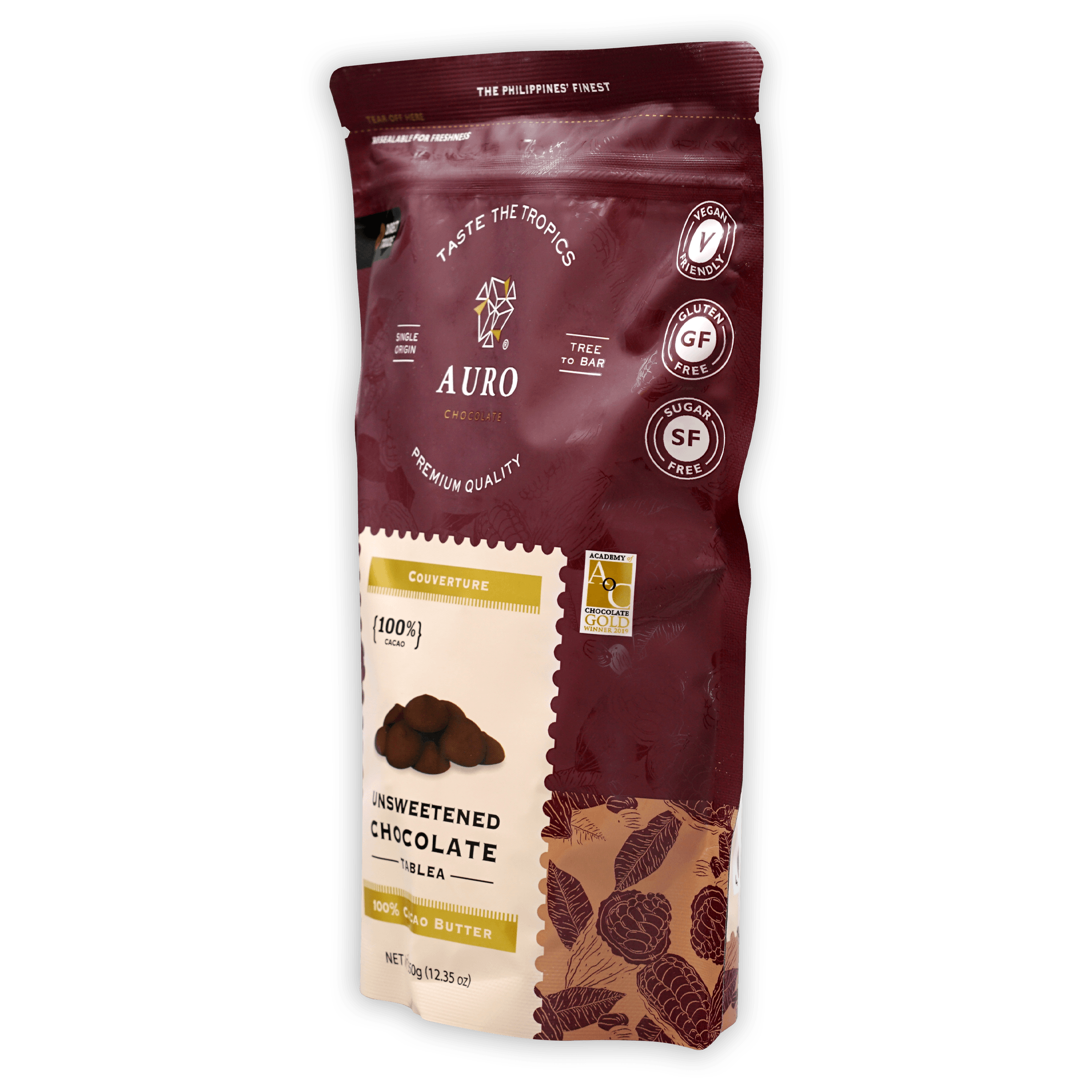 Auro 100% unsweetened dark chocolate tablea coins in maroon pouch