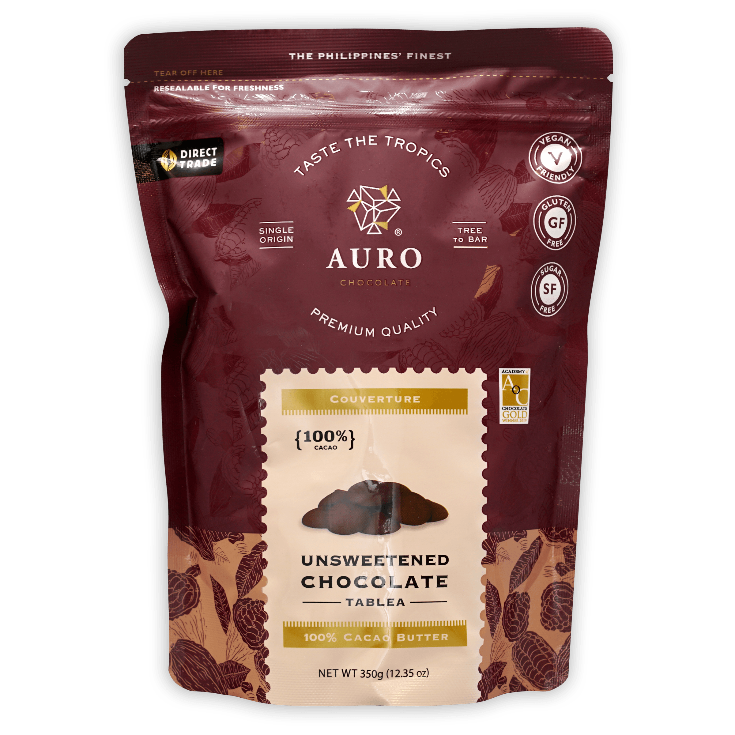 Auro Unsweetened Dark Chocolate Coins 100% tablea 350g bag