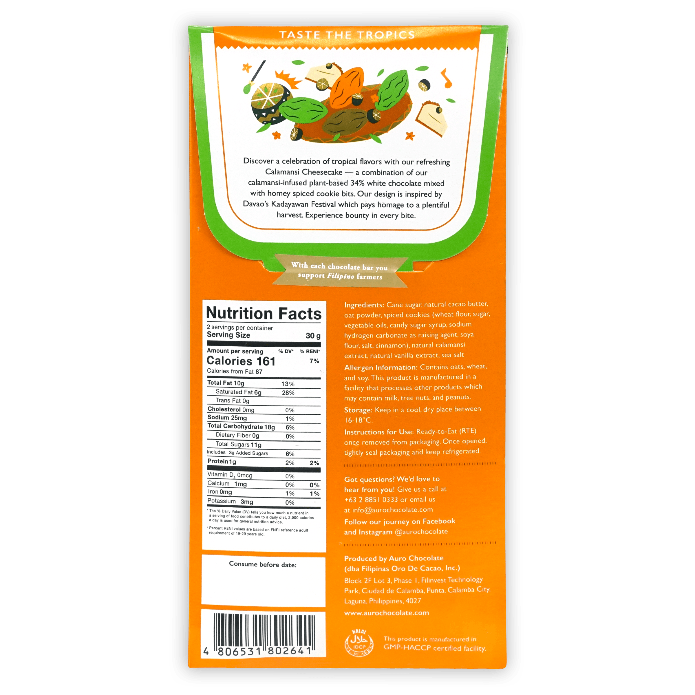 Auro White Calamansi Cheesecake 34% bar box with orange green tropical fruit design