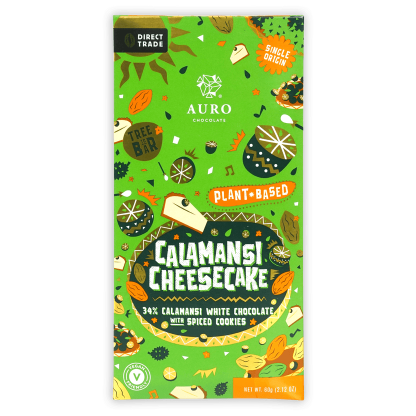 Aurora White Calamansi Cheesecake bar with vibrant green calamansi and playful fruit illustrations