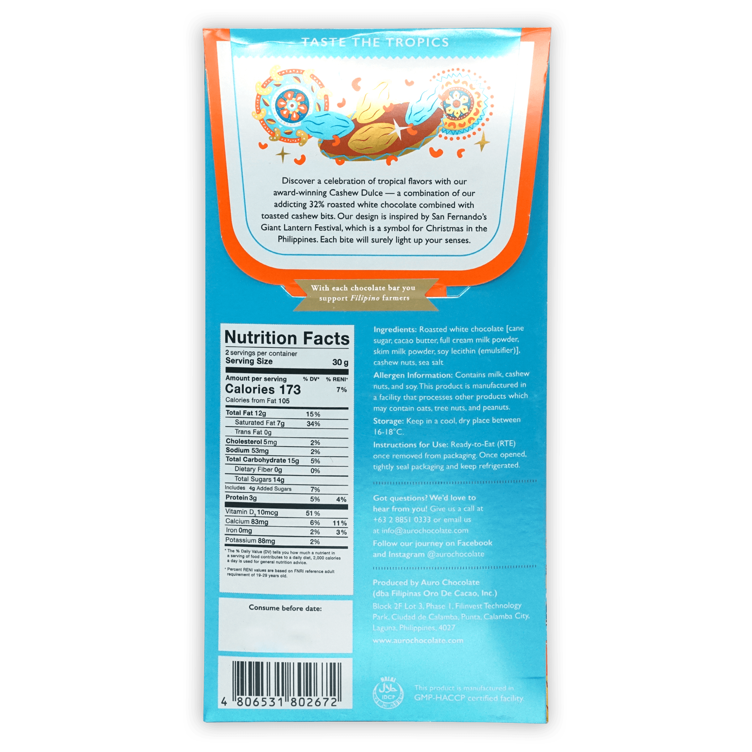 Auro White Cashew Dulce 32% chocolate bar with tropical animal design