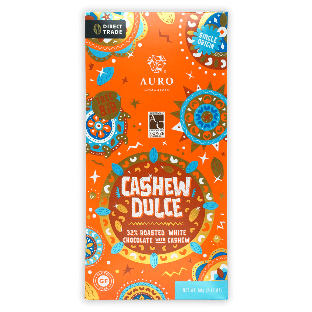 Auro White Cashew Dulce 32% bar with orange mandala packaging