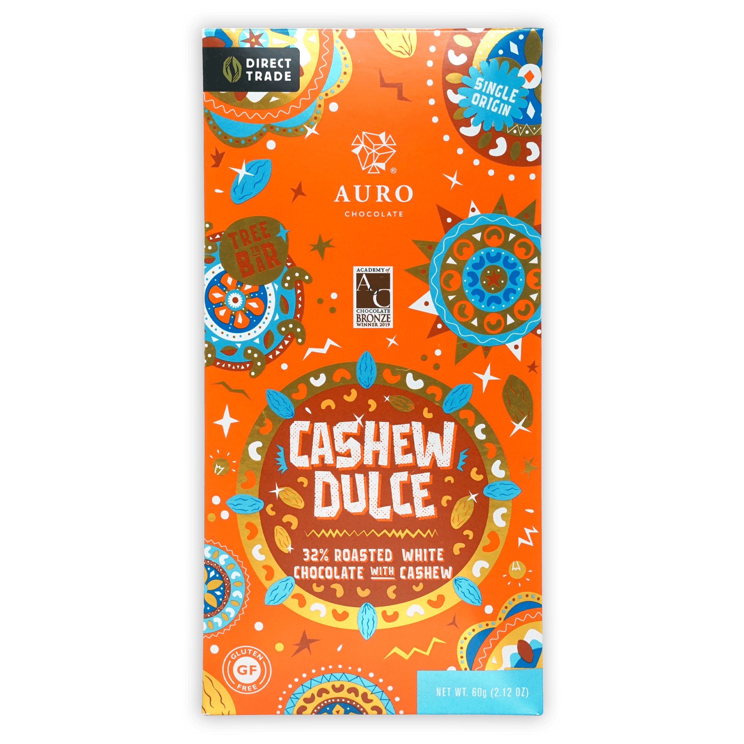 Auro White Cashew Dulce 32% bar with orange mandala packaging