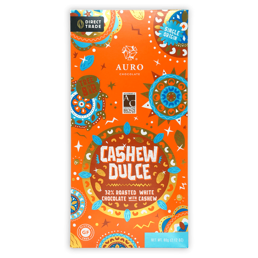 Auro White Cashew Dulce 32% bar with orange mandala packaging