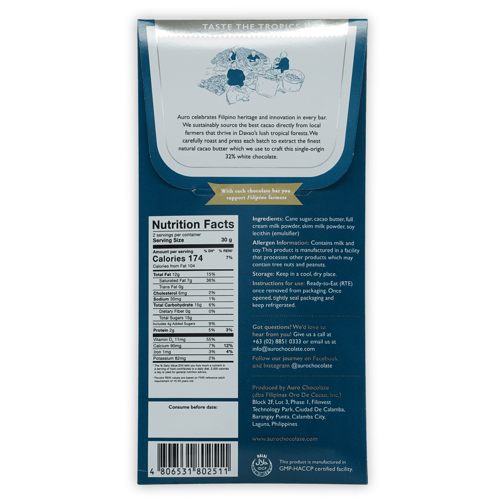 Auro White Chocolate 32% bar in blue silver tropical packaging