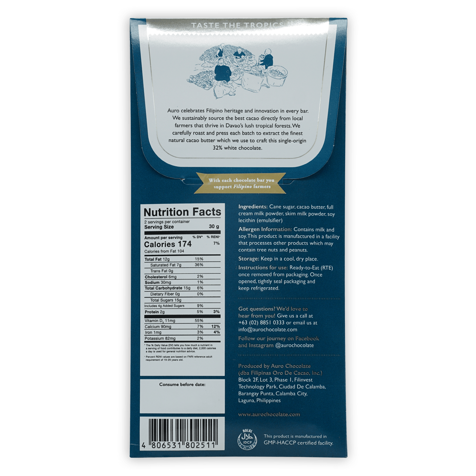 Auro White Chocolate 32% bar in blue silver tropical packaging