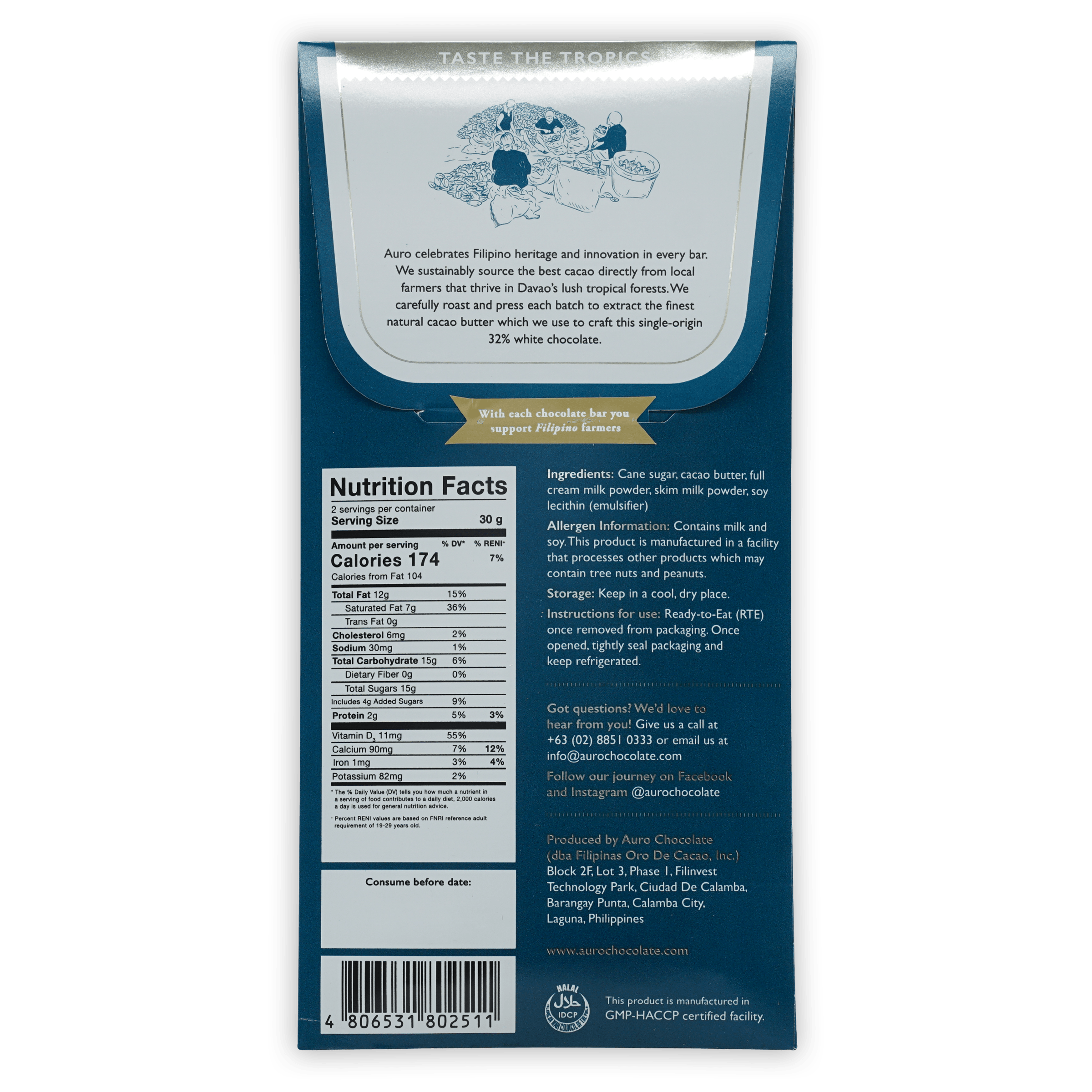 Auro White Chocolate 32% bar in blue silver tropical packaging