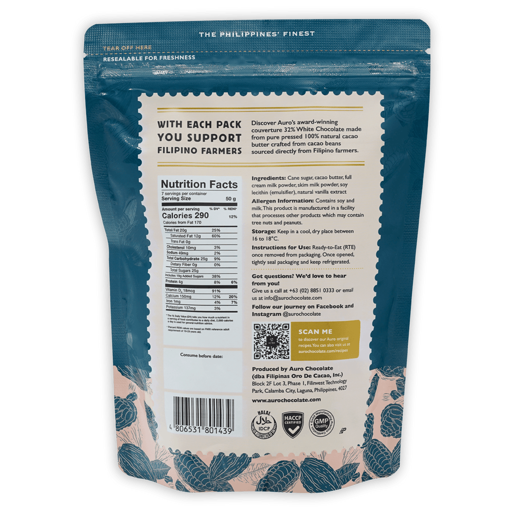 Auro 32% white chocolate coins in teal cream resealable pouch with leaf pattern