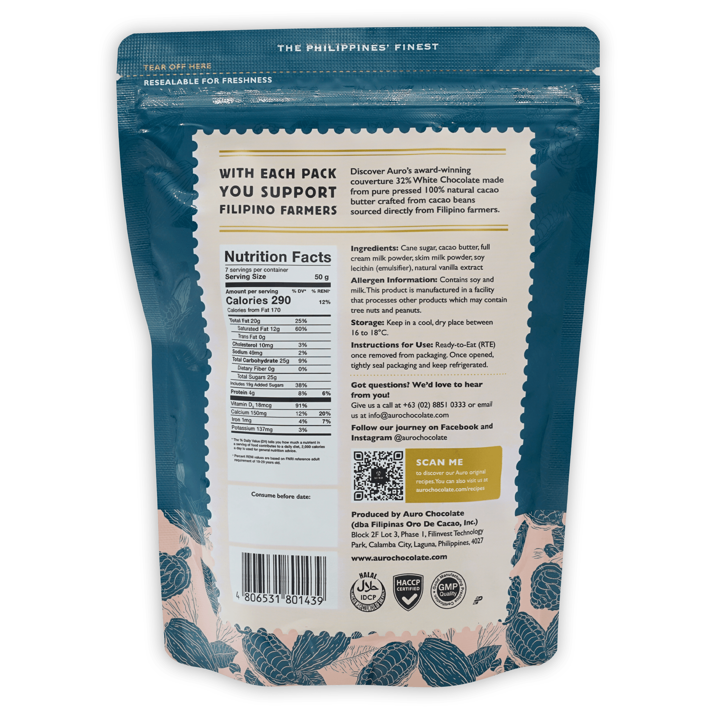 Auro 32% white chocolate coins in teal cream resealable pouch with leaf pattern