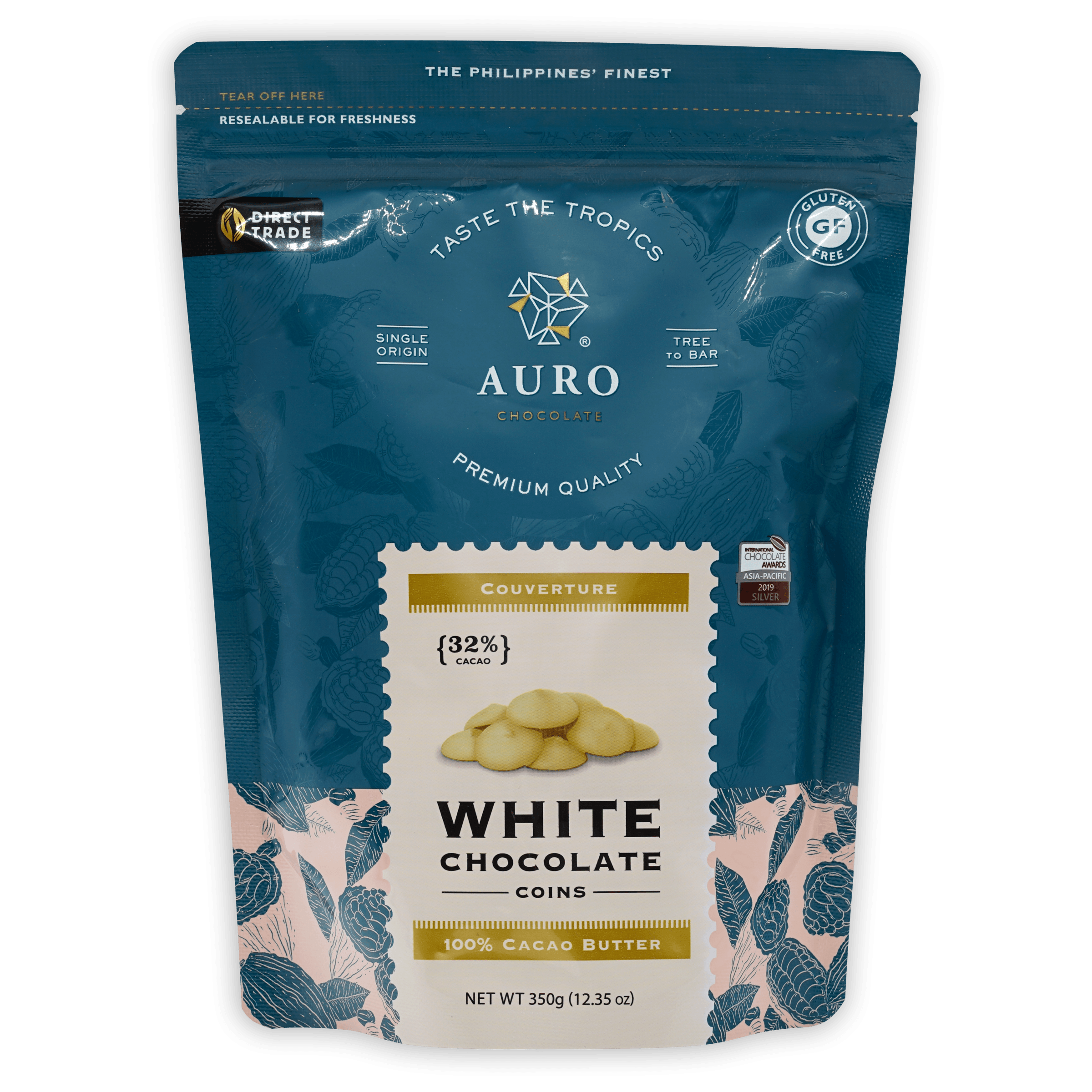 Auro White Chocolate Coins 32% in teal cream resealable package