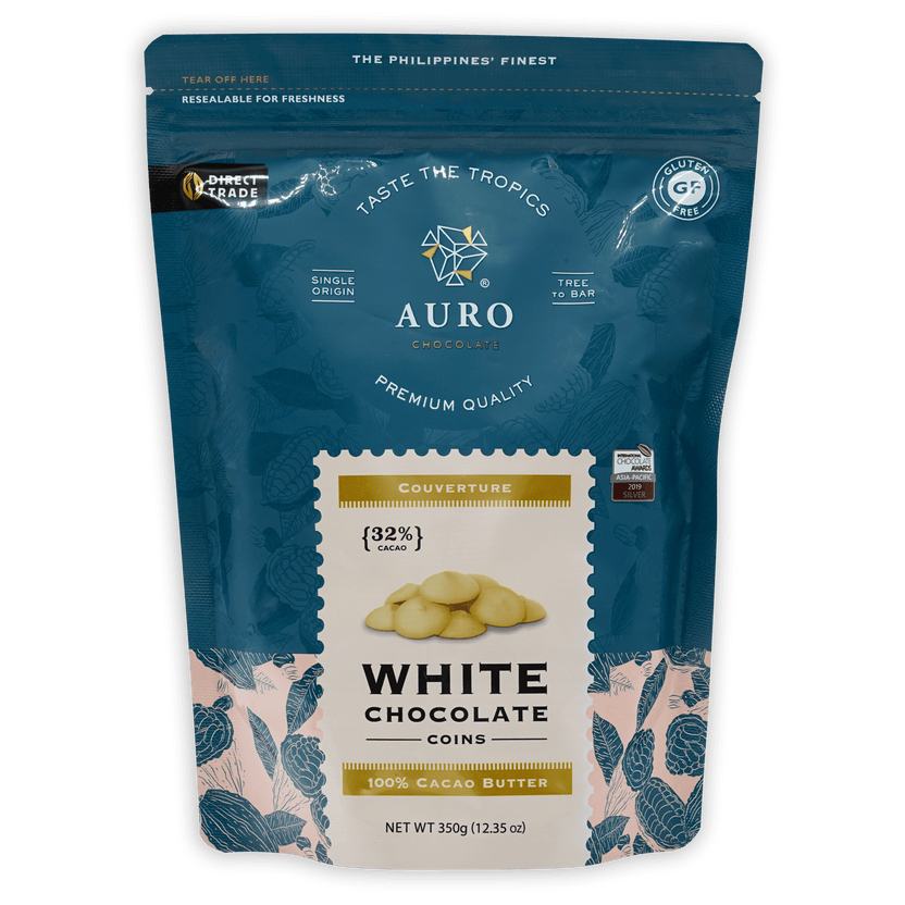 Auro White Chocolate Coins 32% in teal cream resealable package