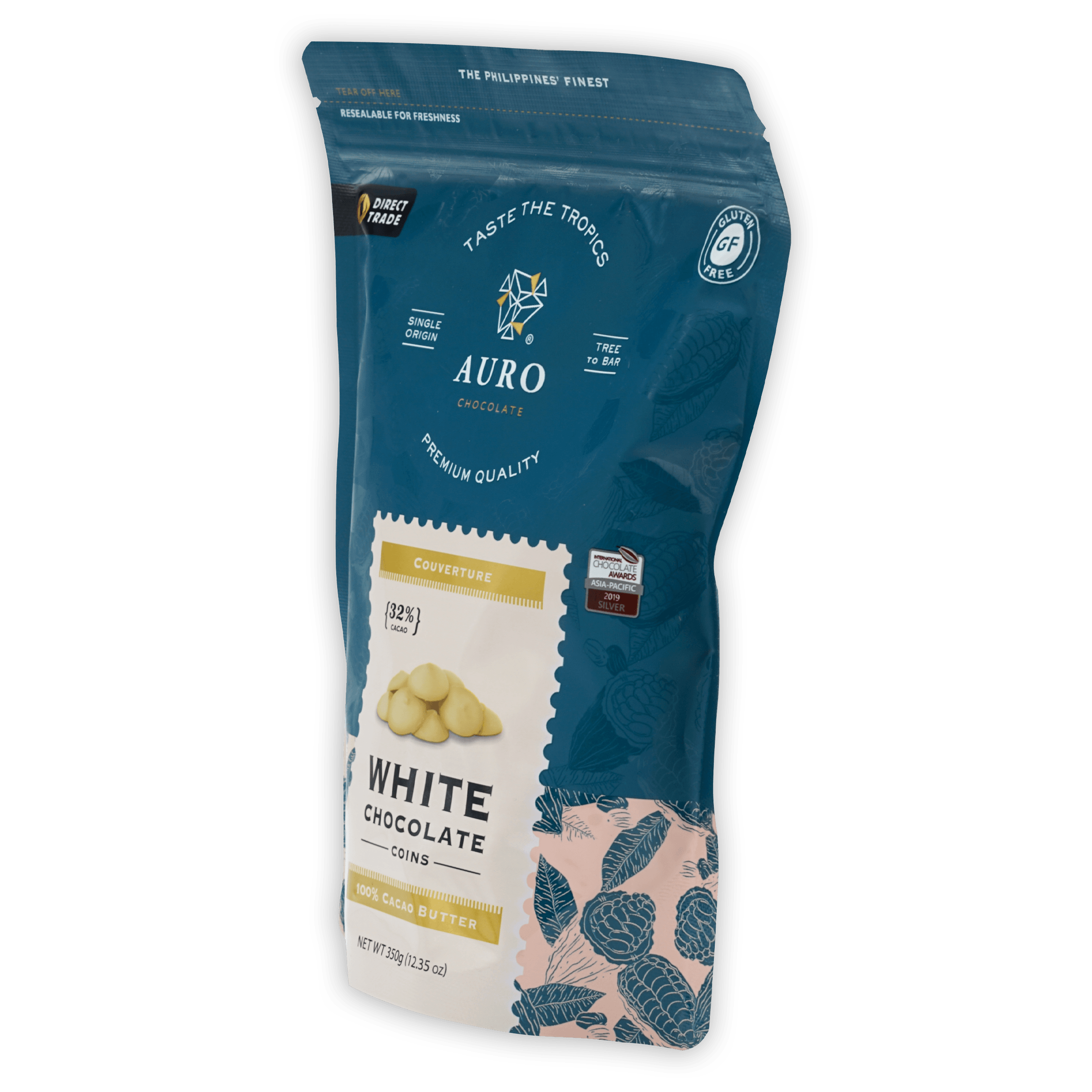 Auro White Chocolate Coins 32% in teal pouch with pink botanicals