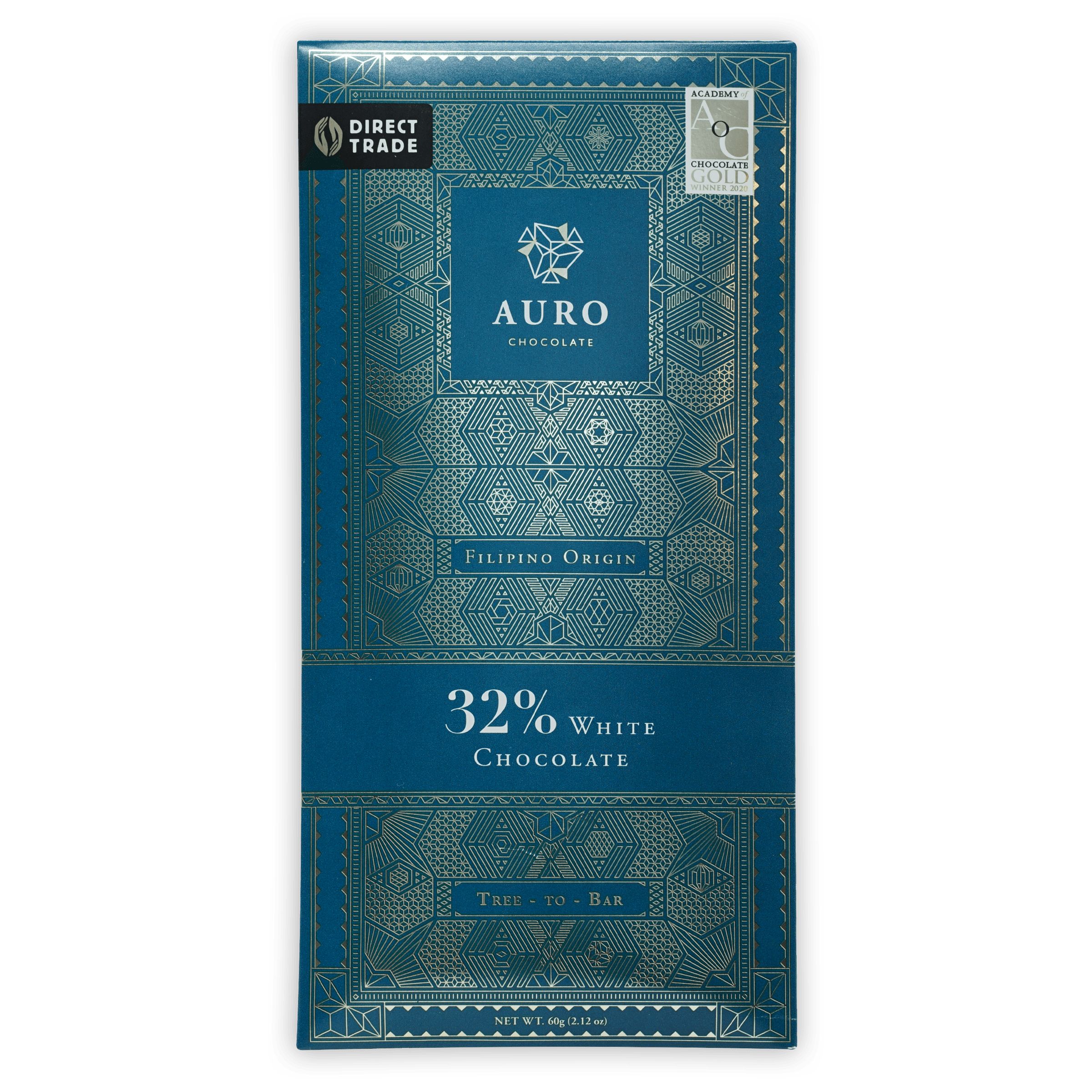 Auro White Chocolate 32% bar in teal silver geometric wrapper, Filipino origin