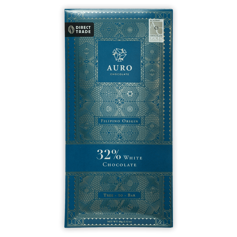 Auro White Chocolate 32% bar in teal silver geometric wrapper, Filipino origin