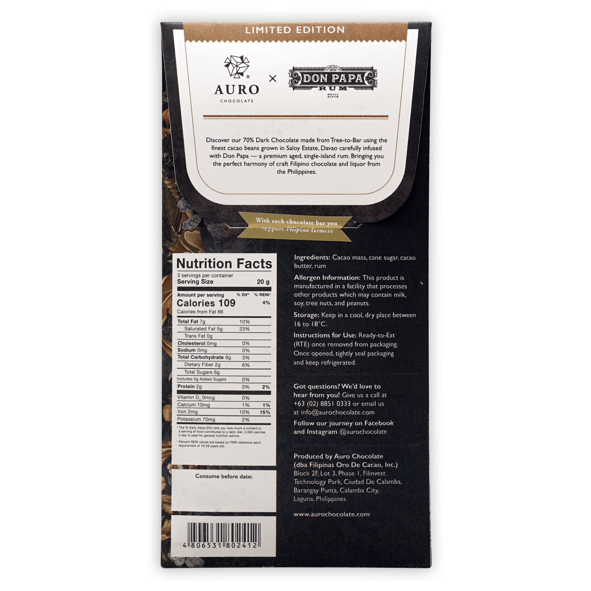 Auro x Don Papa Rum Infused Dark Chocolate 70% (Limited Batch)