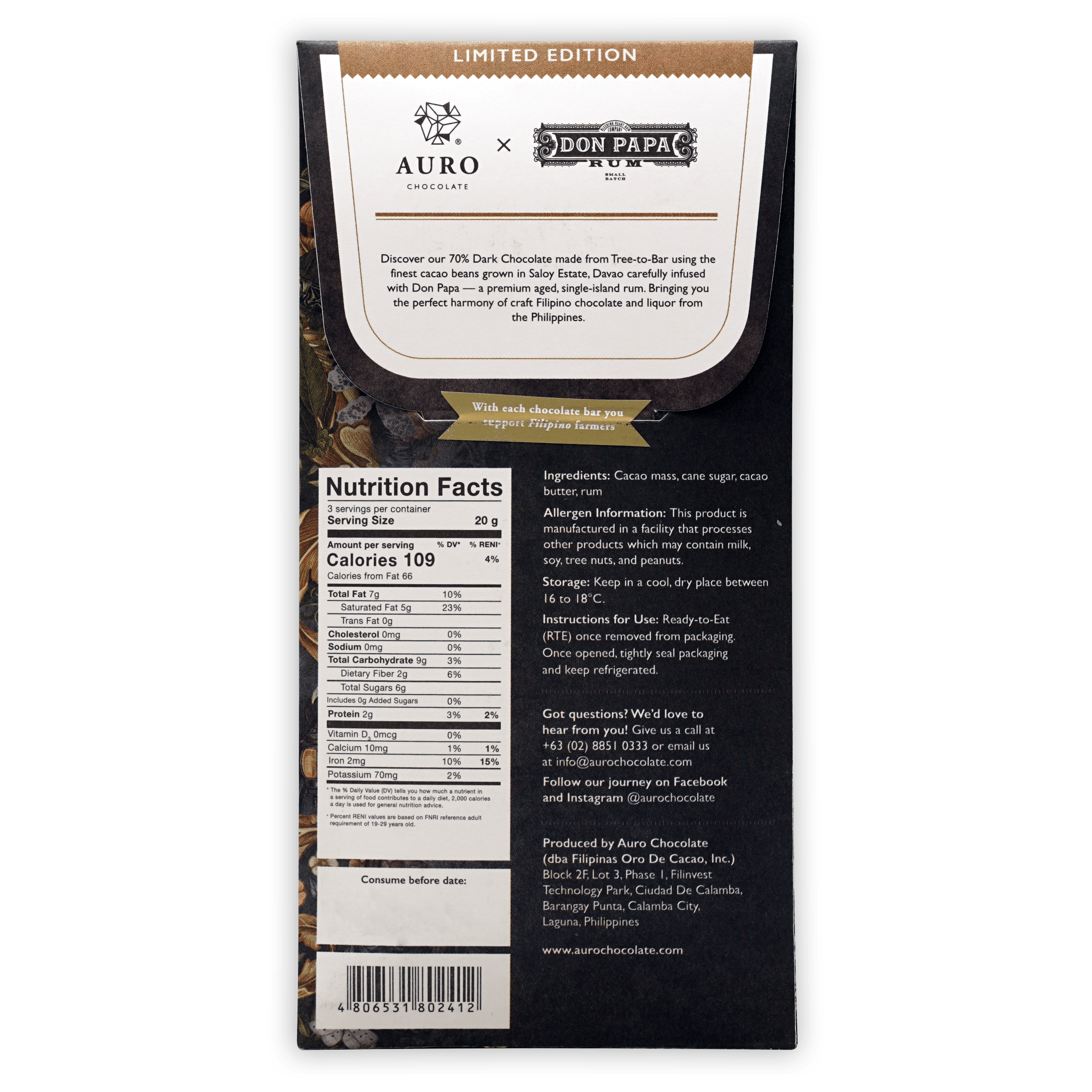 Auro x Don Papa Rum Infused Dark Chocolate 70% (Limited Batch) – Bar & Cocoa