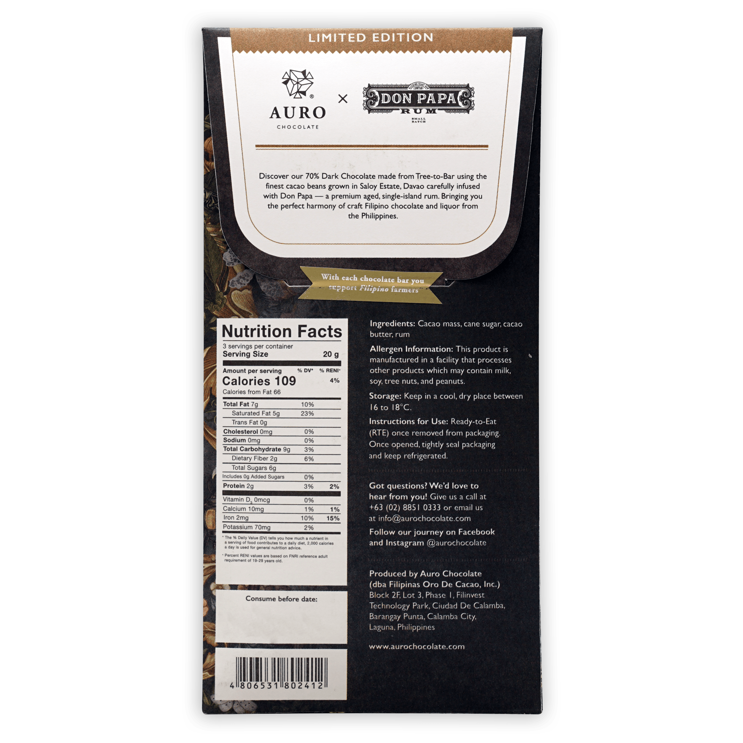 Auro x Don Papa rum infused 70% dark chocolate limited edition bar