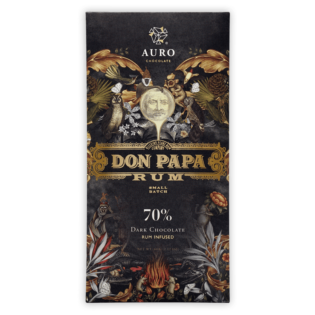 Auro x Don Papa rum infused 70% dark chocolate bar with ornate wrapper