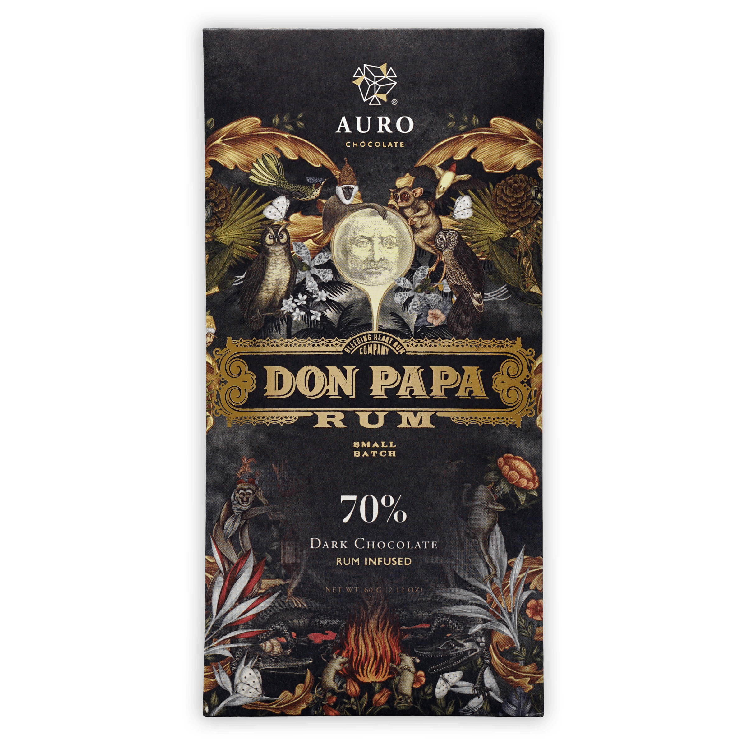 Auro x Don Papa rum infused 70% dark chocolate bar with ornate wrapper