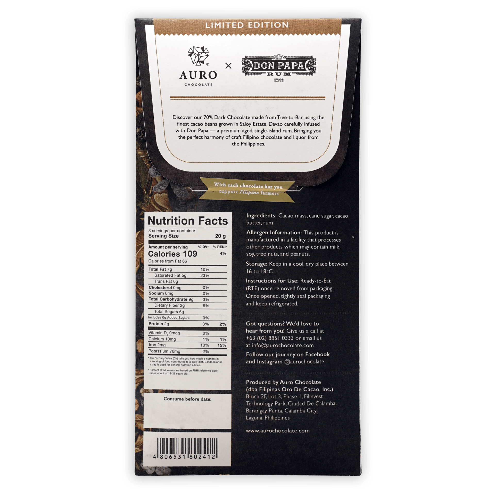 Auro x Don Papa rum infused 70% dark chocolate limited edition bar