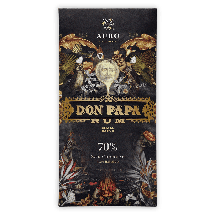 Auro x Don Papa rum infused 70% dark chocolate bar with ornate wrapper