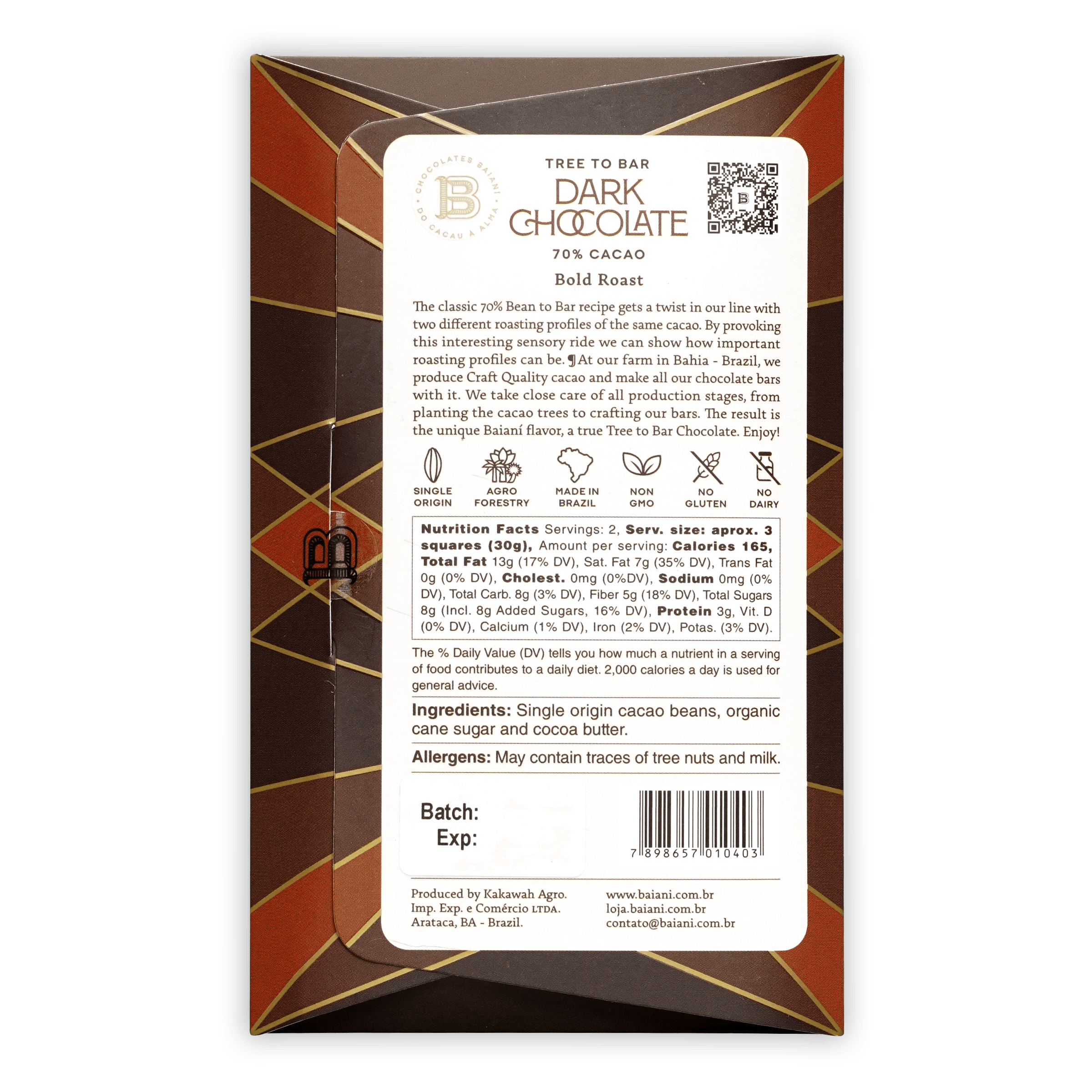 Baiani Bold Roast Trinitario 70% dark chocolate bar in geometric box