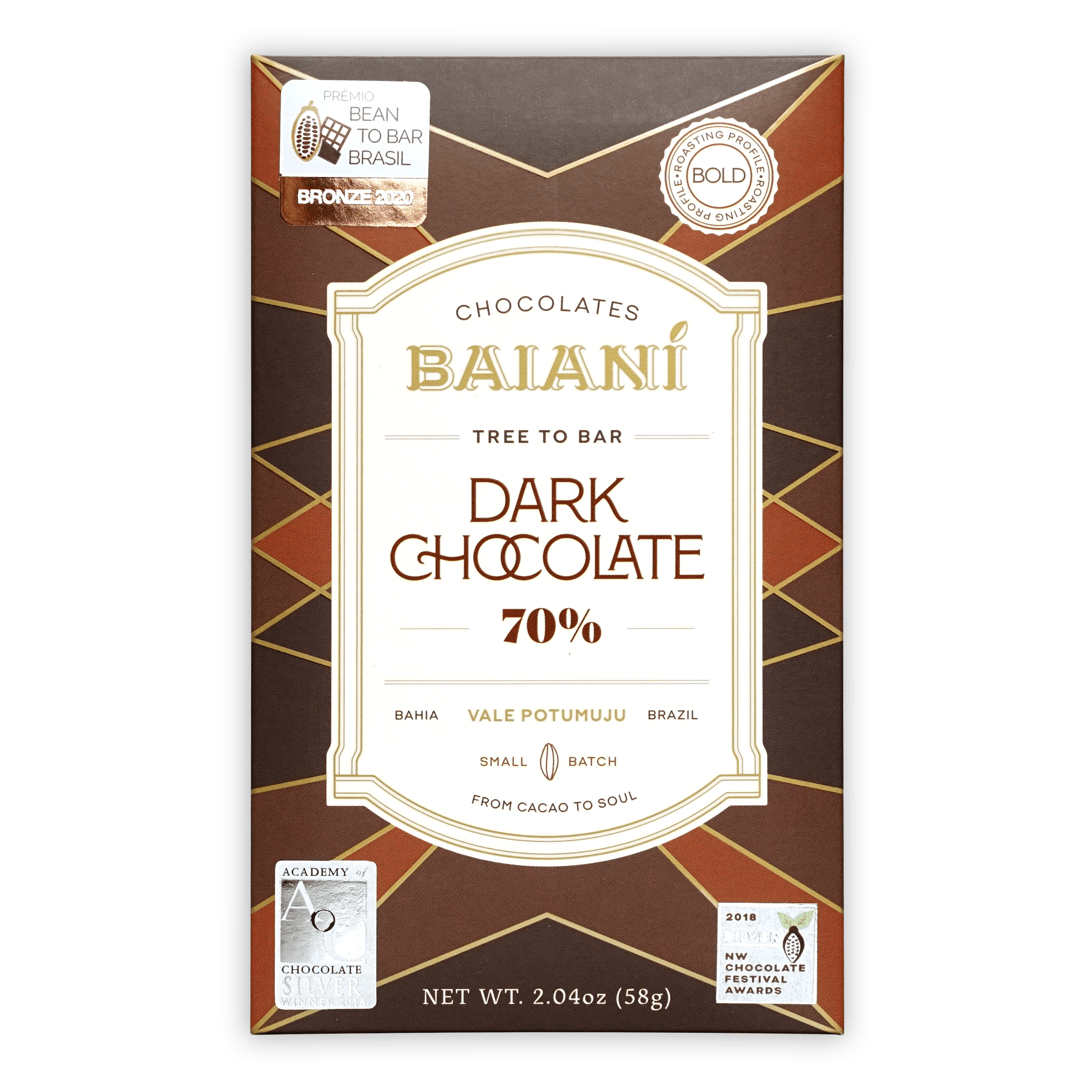 Baiani Bold Roast Trinitario 70% dark chocolate bar from Brazil