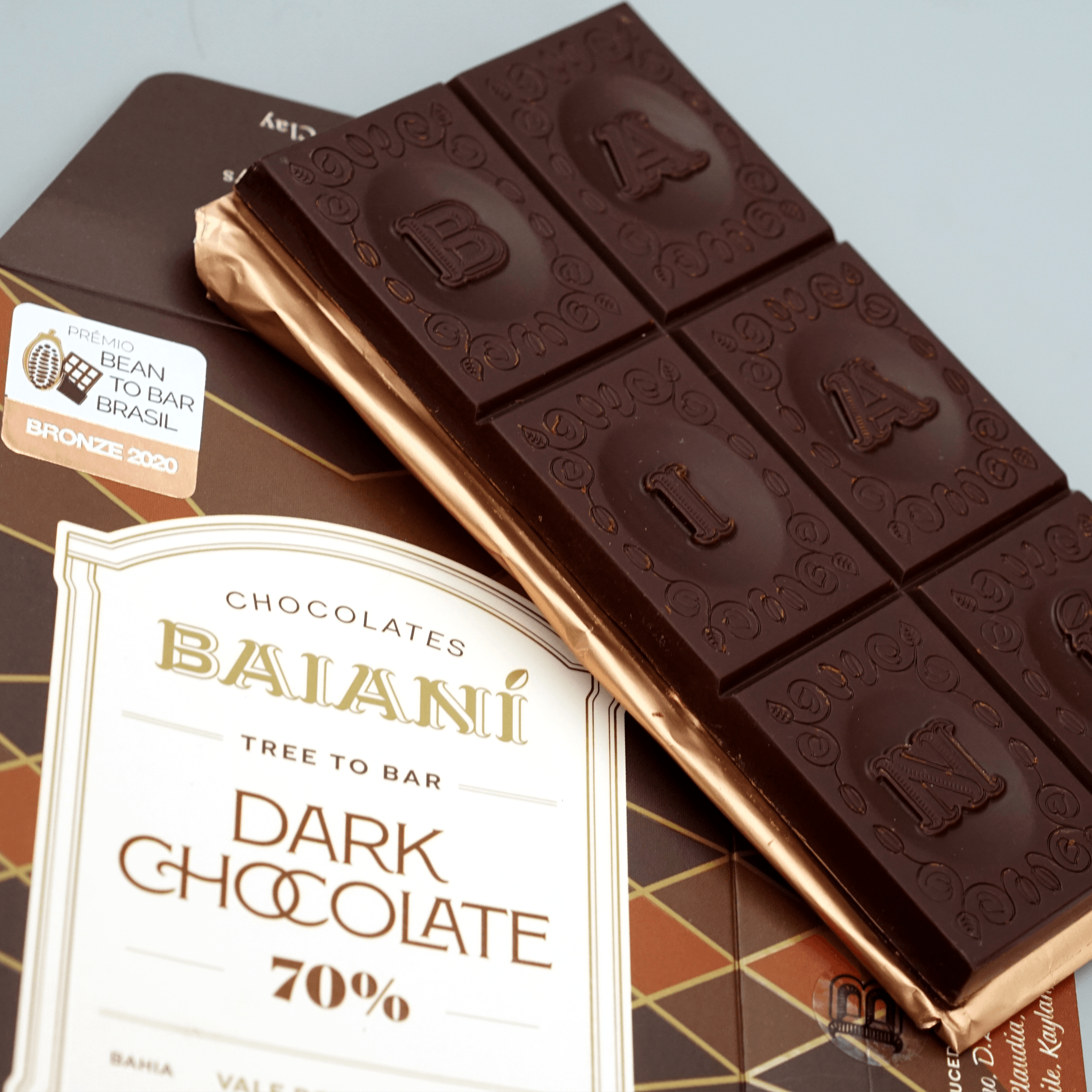 Baiani Bold Roast Trinitario 70% dark chocolate bar with embossed lettering