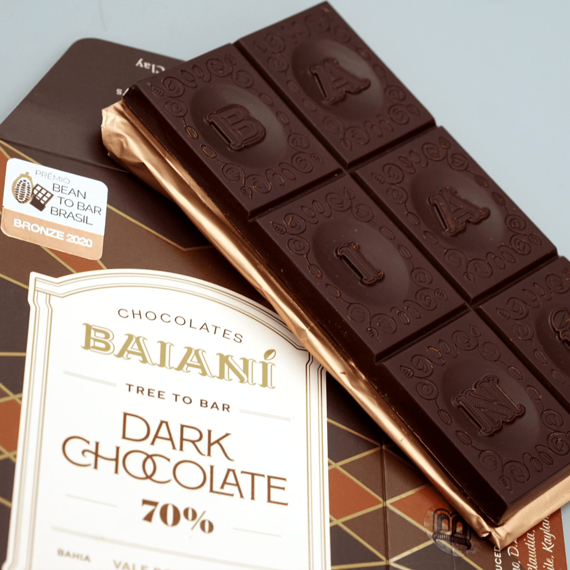 Baiani Bold Roast Trinitario 70% dark chocolate bar with embossed lettering