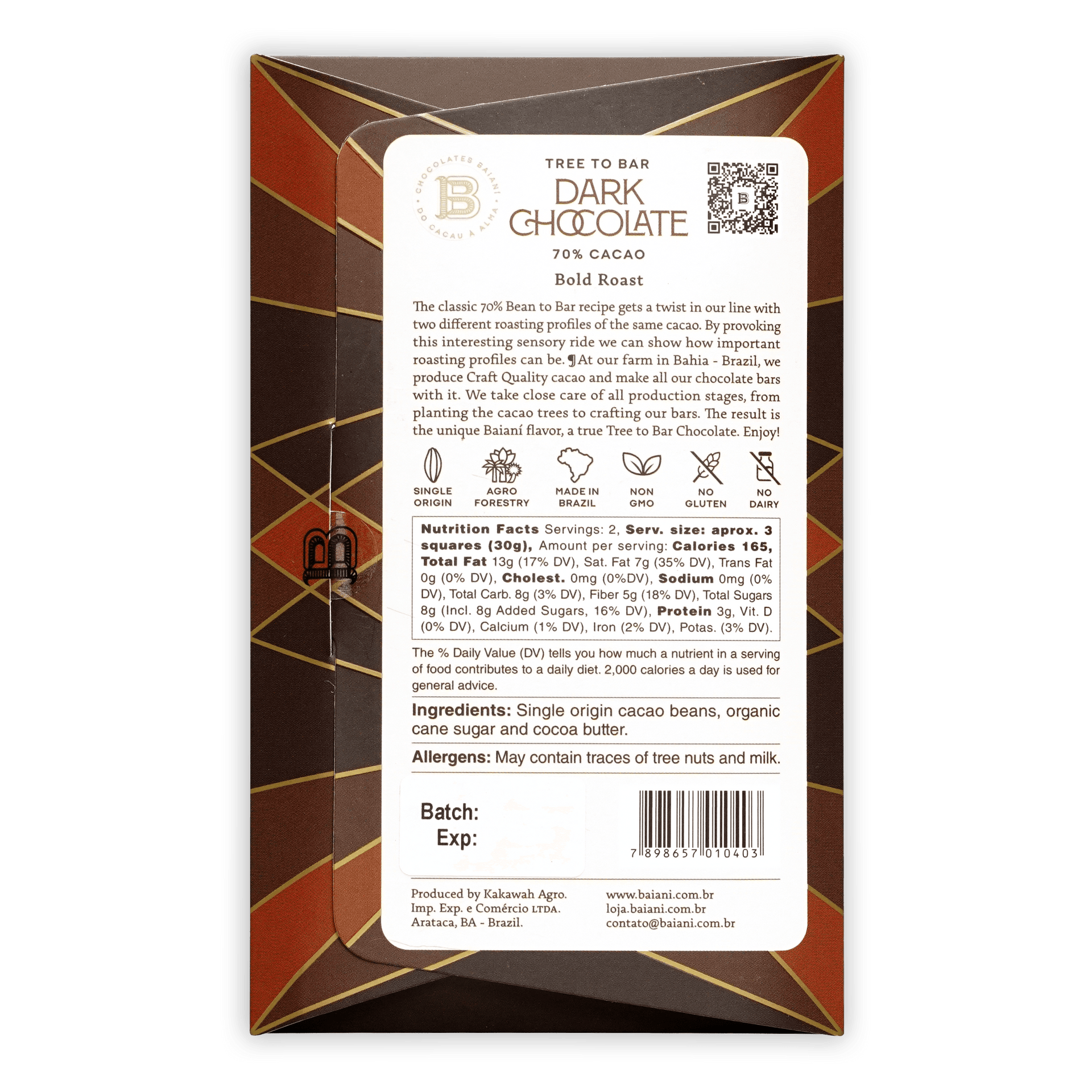 Baiani Bold Roast Trinitario 70% dark chocolate bar in geometric box