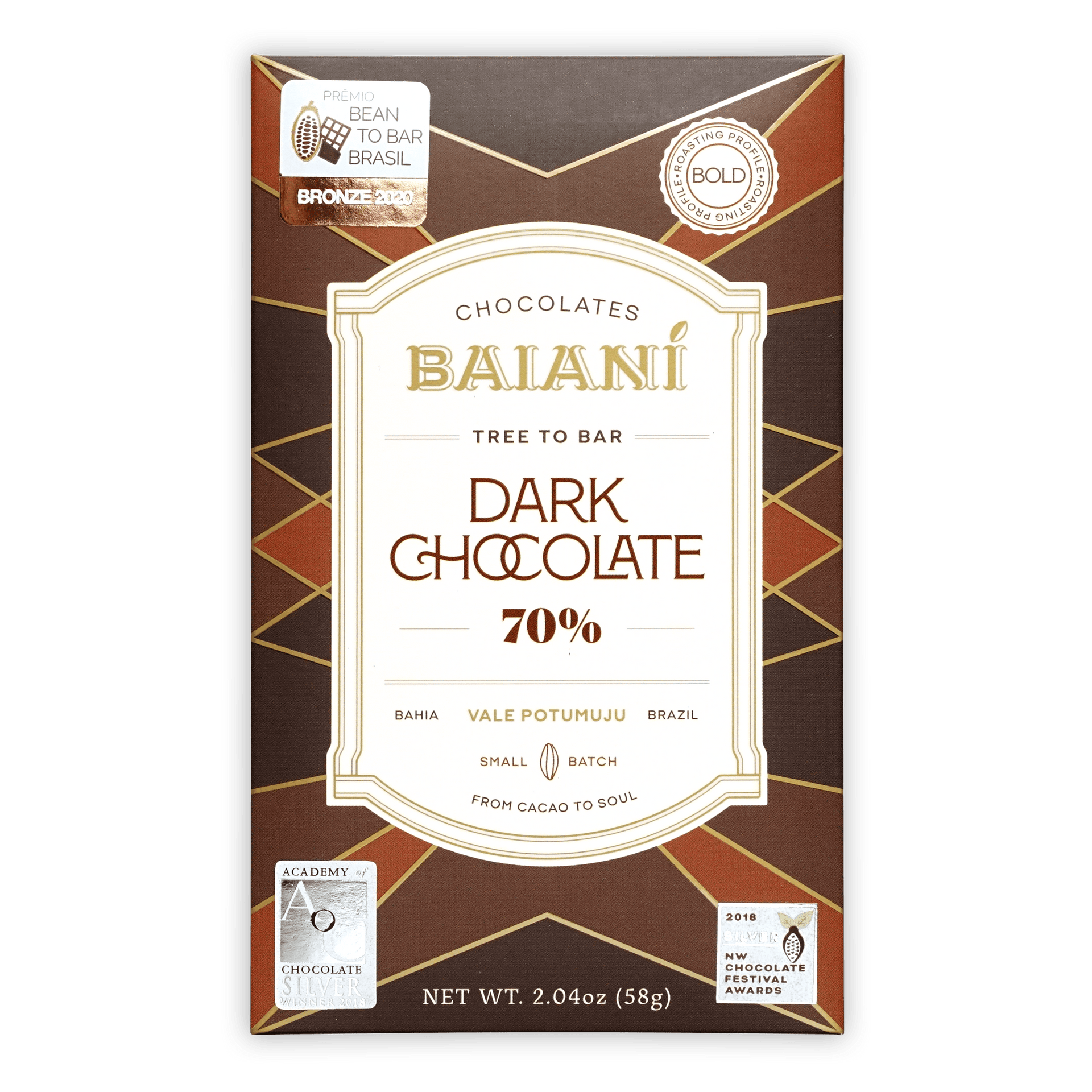 Baiani Bold Roast Trinitario 70% dark chocolate bar from Brazil