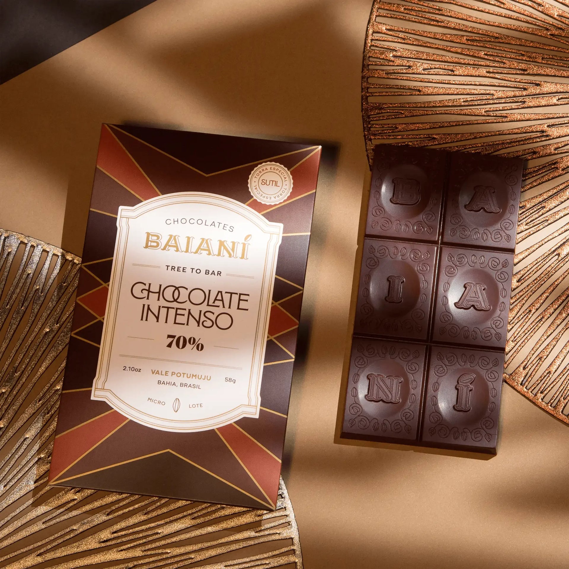 Baiani Bold Roast Trinitario 70% dark chocolate bar in sleek packaging