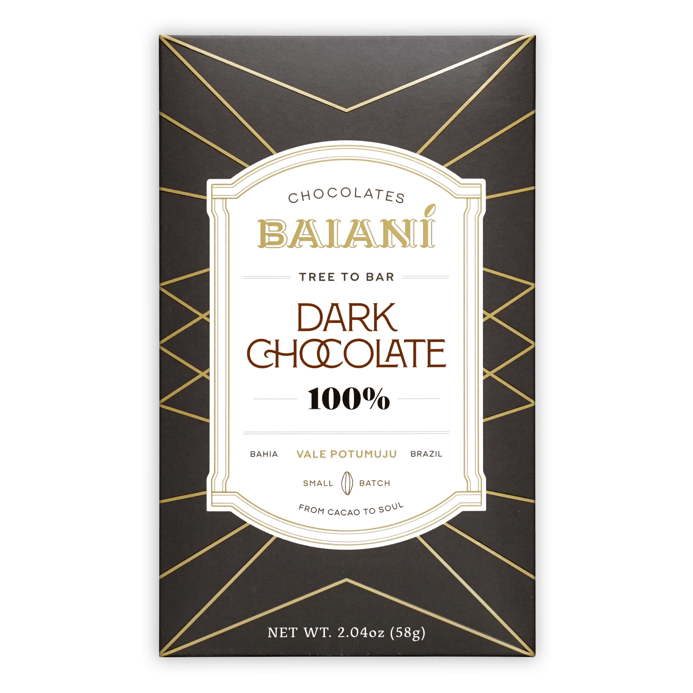 Baiani Dark Bahia 100% dark chocolate bar in black gold wrapper