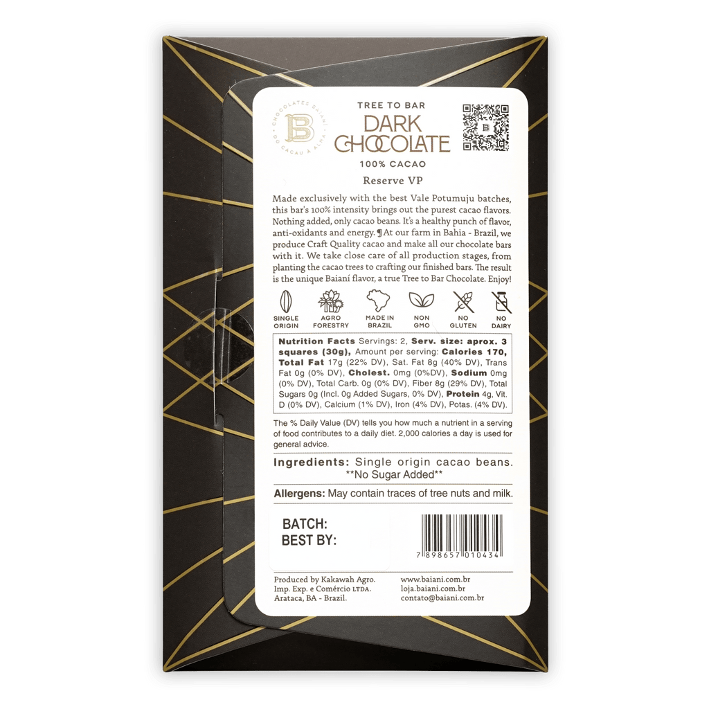 Baiani Dark Bahia 100% black and gold geometric chocolate wrapper
