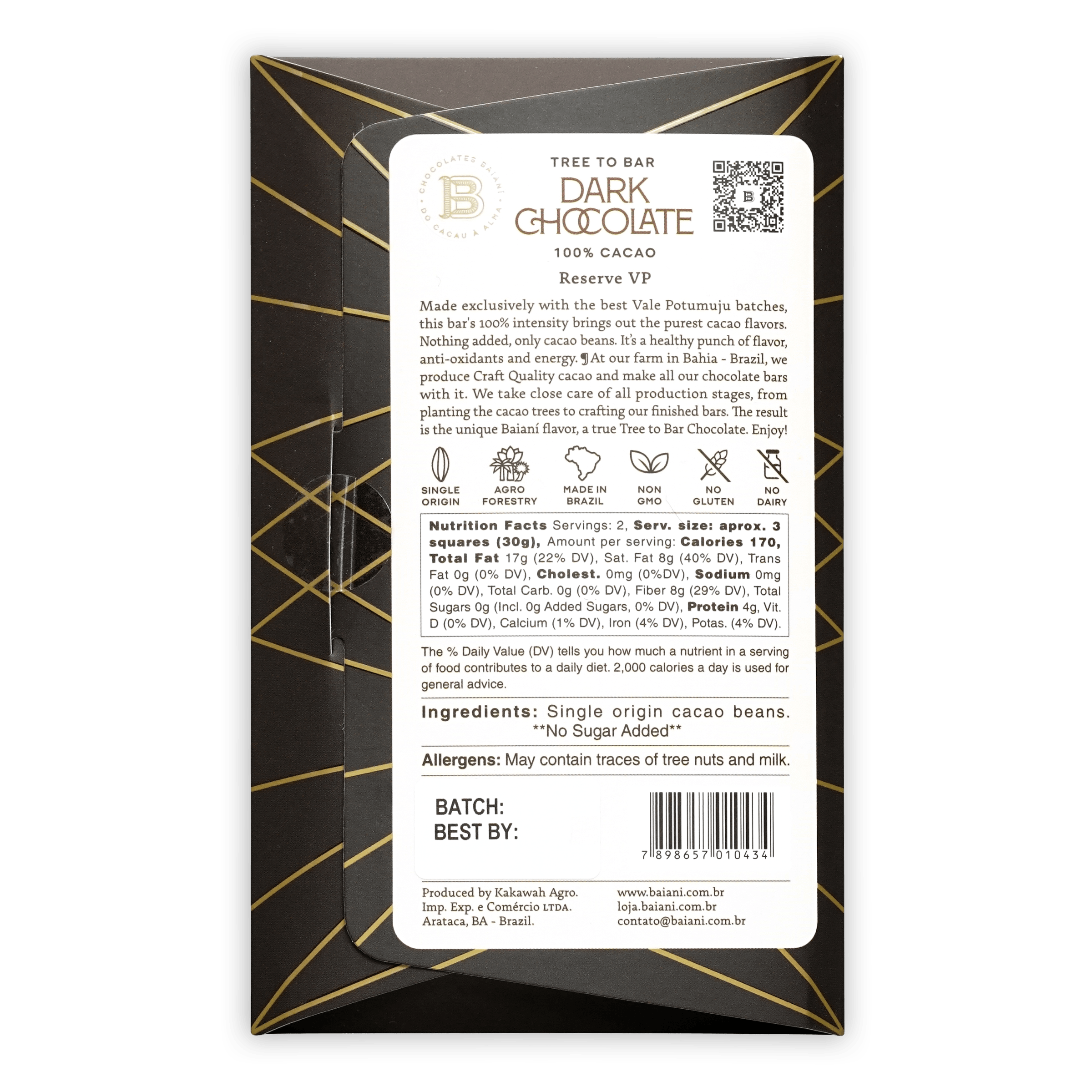 Baiani Dark Bahia 100% black and gold geometric chocolate wrapper